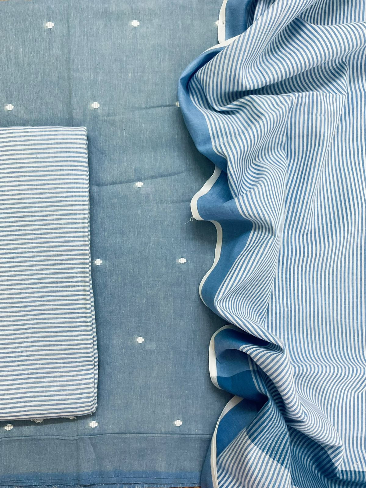 Pure Handloom Cotton Self Weaved Suit - Blue