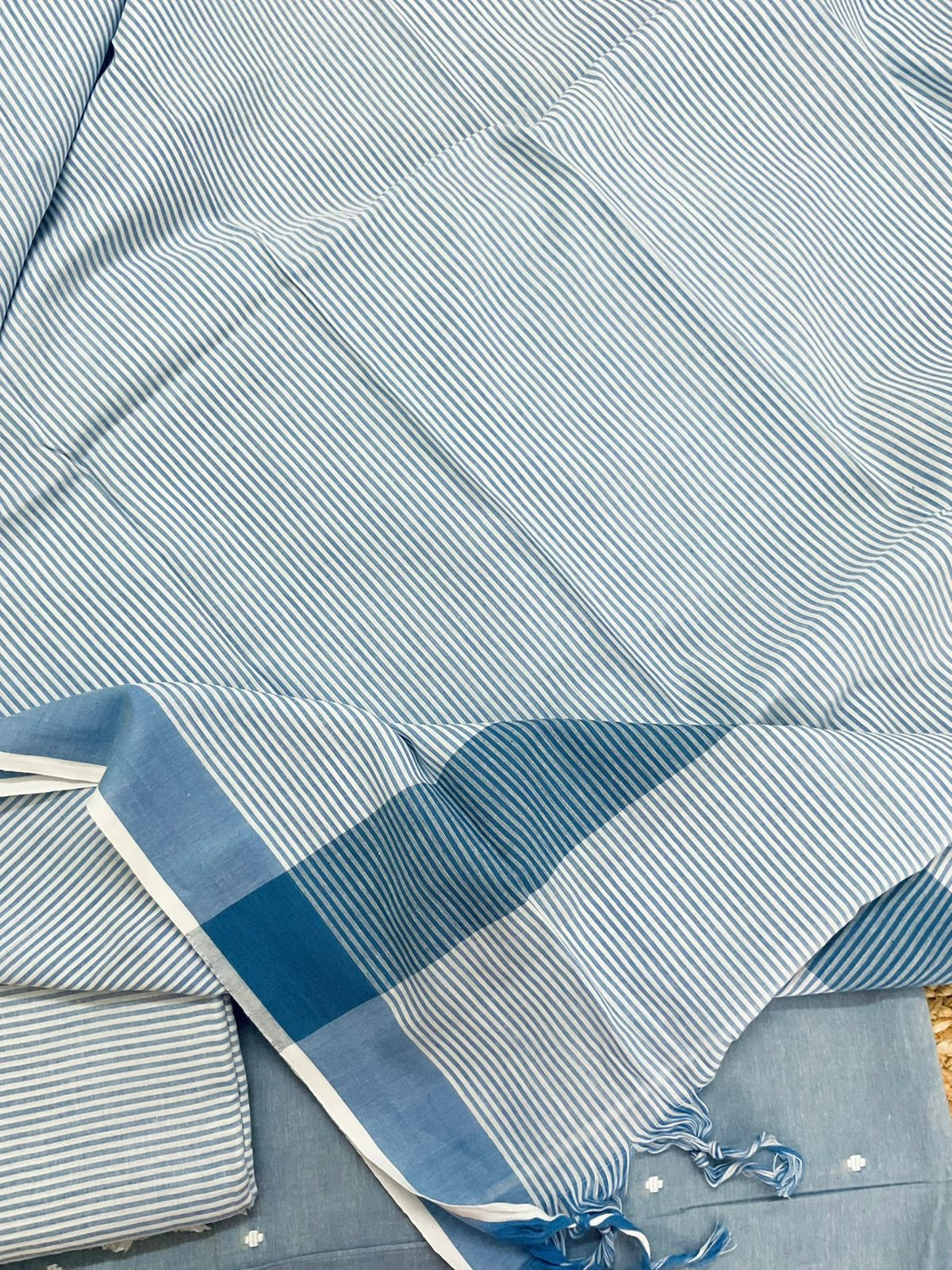 Pure Handloom Cotton Self Weaved Suit - Blue