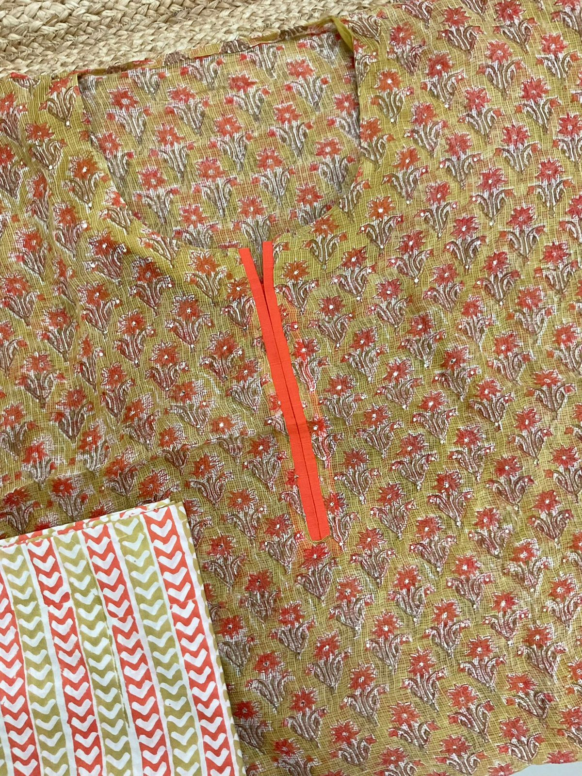 Pure Kota Cotton Block Printed Embroidered Suit - Mustard Yellow