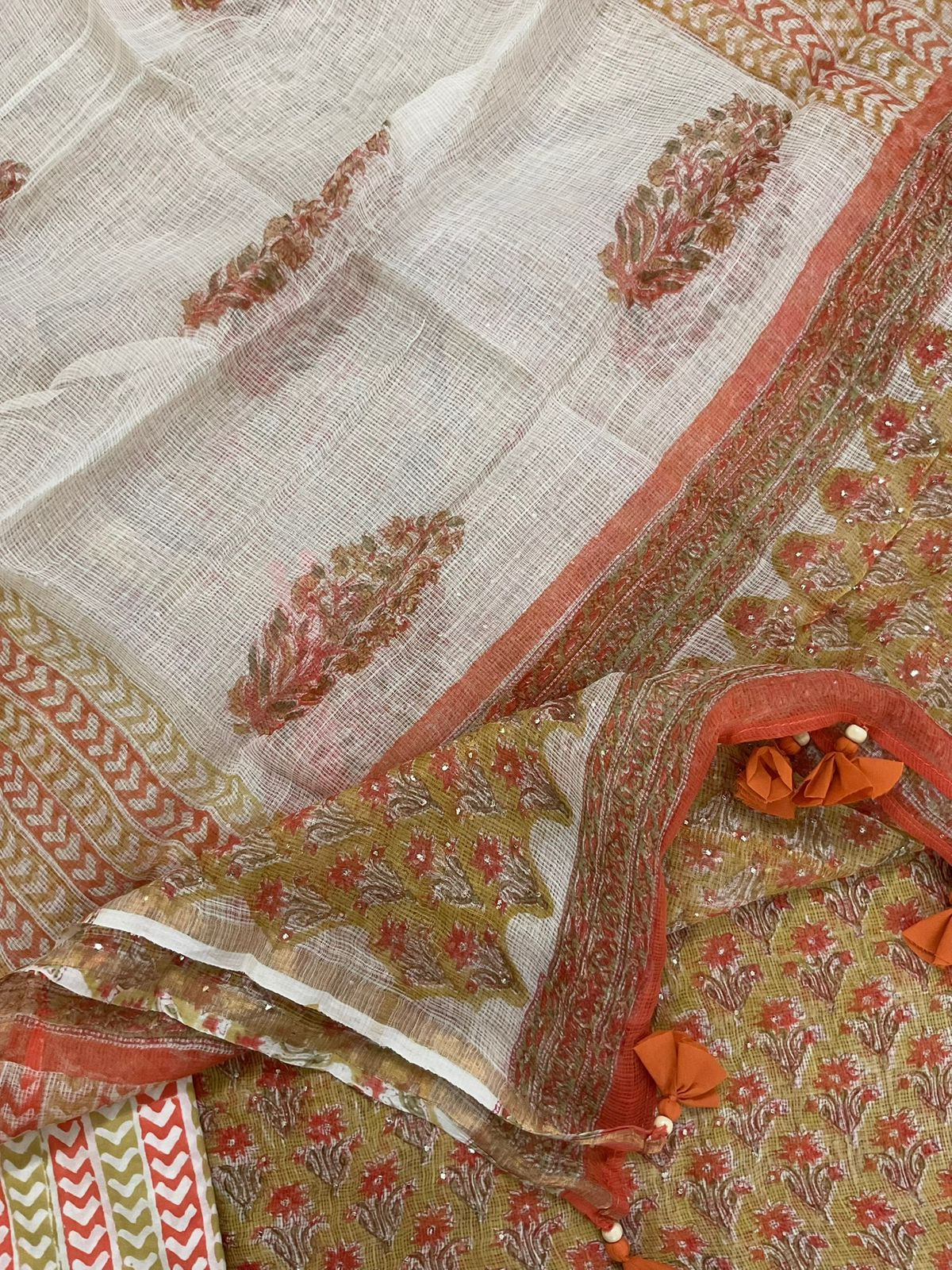 Pure Kota Cotton Block Printed Embroidered Suit - Mustard Yellow