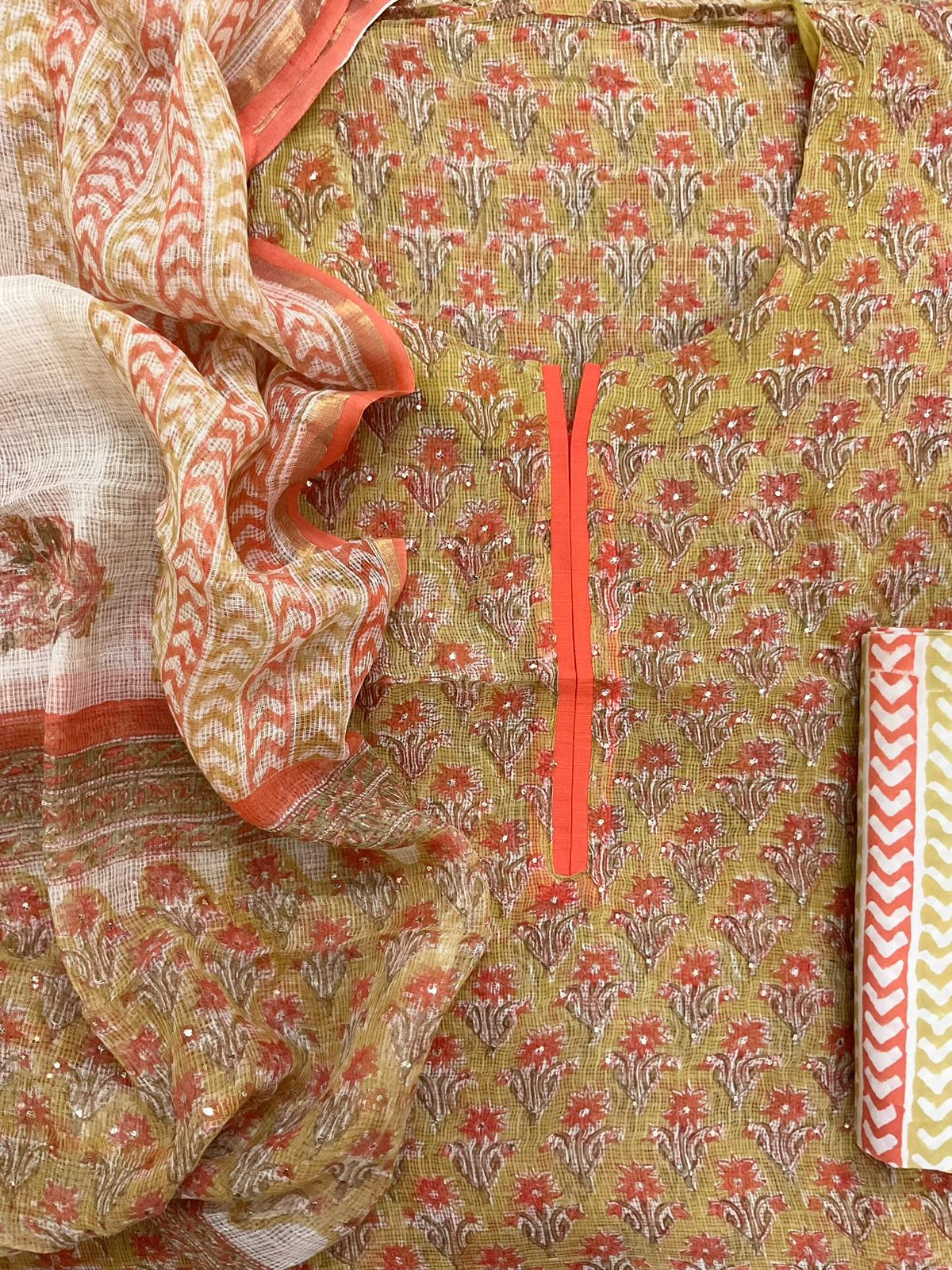 Pure Kota Cotton Block Printed Embroidered Suit - Mustard Yellow