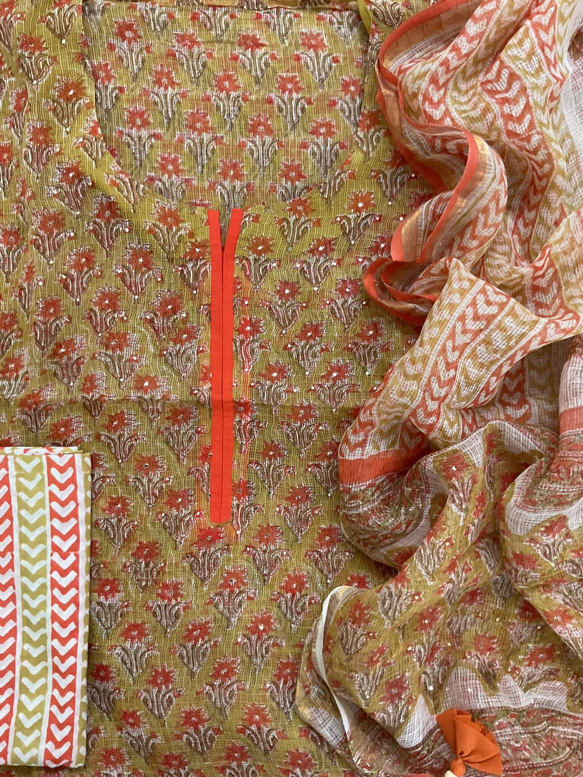 Pure Kota Cotton Block Printed Embroidered Suit - Mustard Yellow