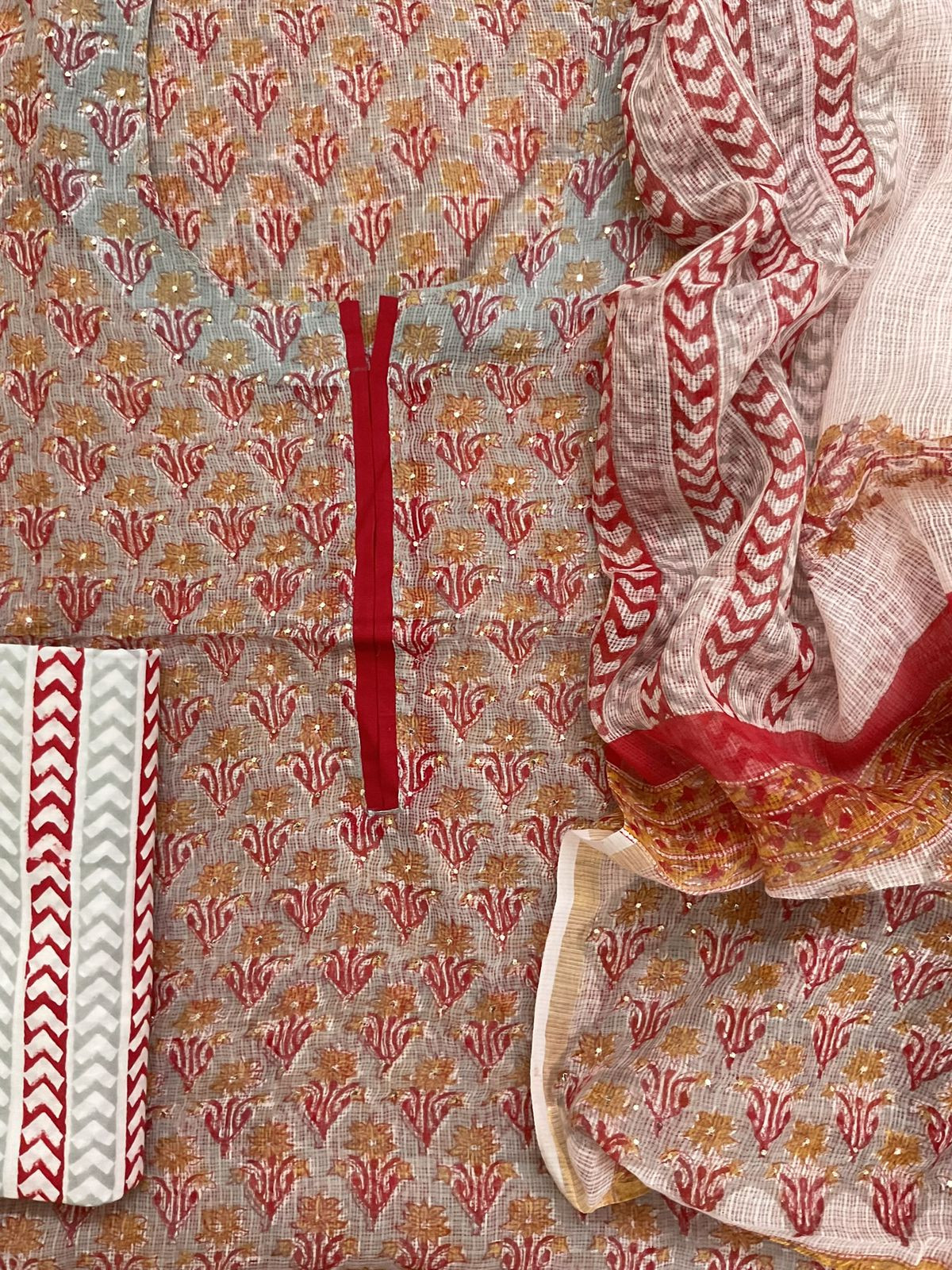 Pure Kota Cotton Block Printed Embroidered Suit - Grey