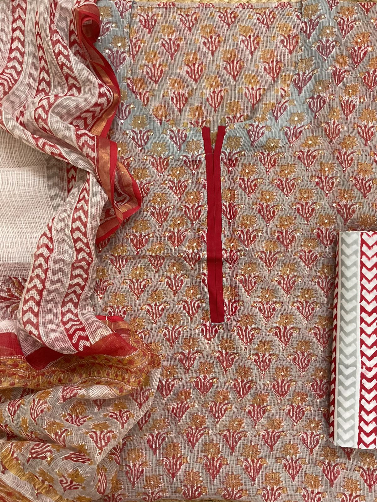 Pure Kota Cotton Block Printed Embroidered Suit - Grey