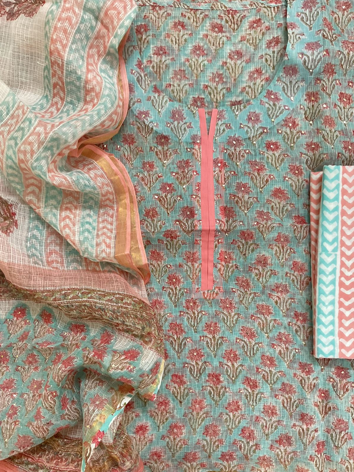 Pure Kota Cotton Block Printed Embroidered Suit - Blue