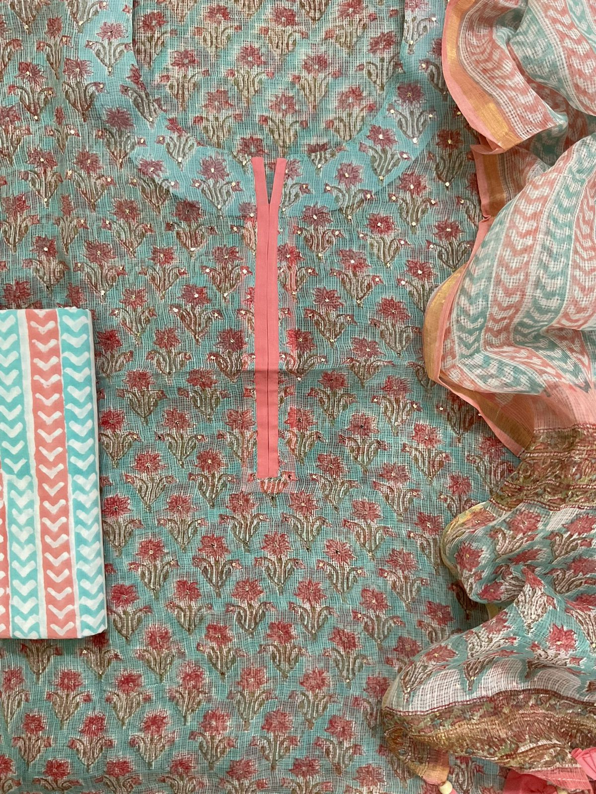 Pure Kota Cotton Block Printed Embroidered Suit - Blue