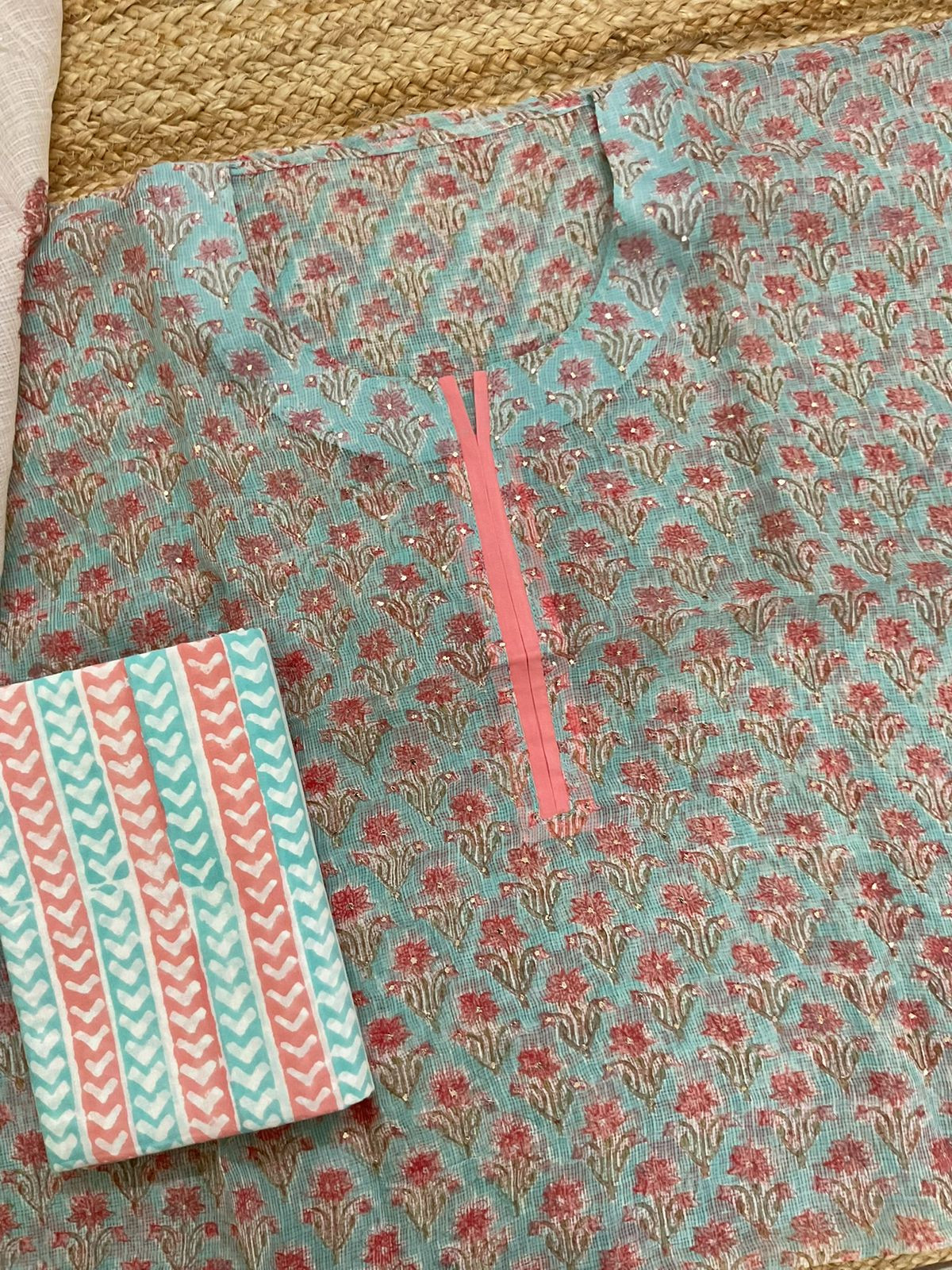 Pure Kota Cotton Block Printed Embroidered Suit - Blue