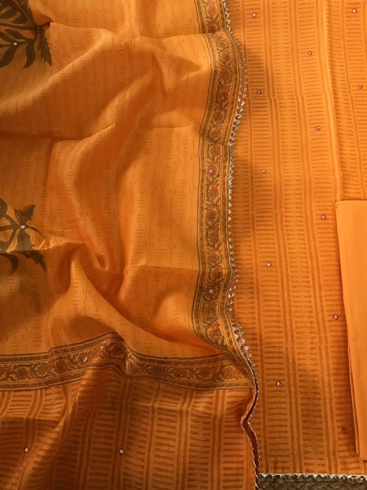 Pure Chanderi Block Printed Embroidered Suit - Orange