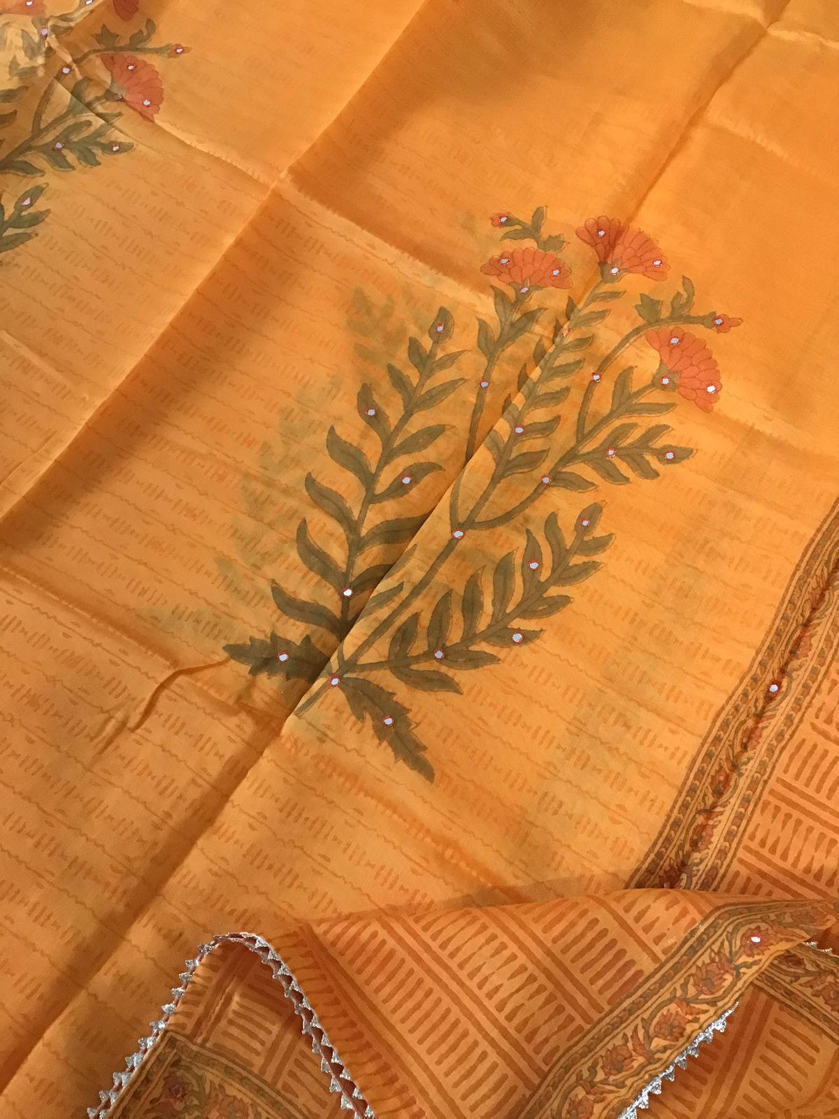 Pure Chanderi Block Printed Embroidered Suit - Orange