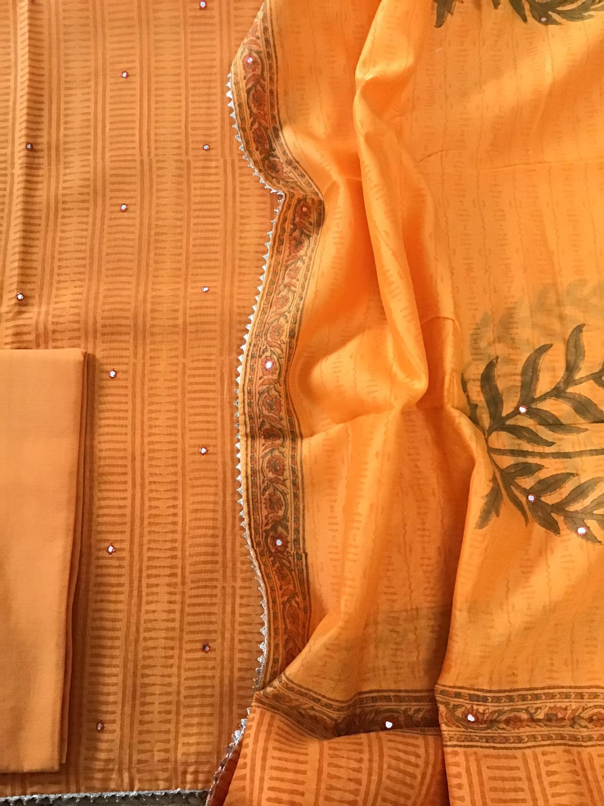 Pure Chanderi Block Printed Embroidered Suit - Orange