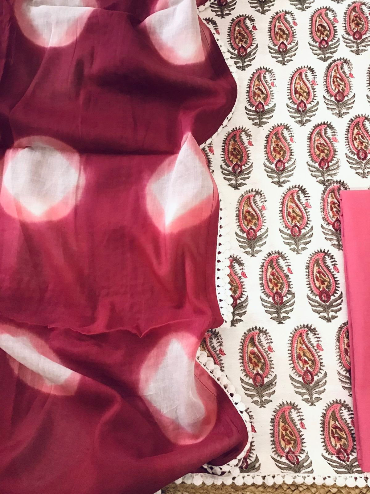 Pure Fine Cotton Silk Self Weaved Printed Suit - Off White