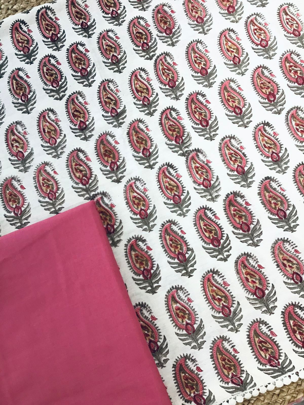 Pure Fine Cotton Silk Self Weaved Printed Suit - Off White