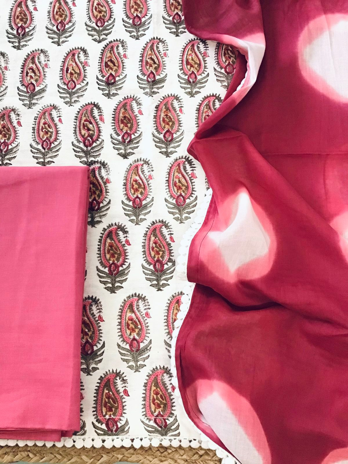 Pure Fine Cotton Silk Self Weaved Printed Suit - Off White