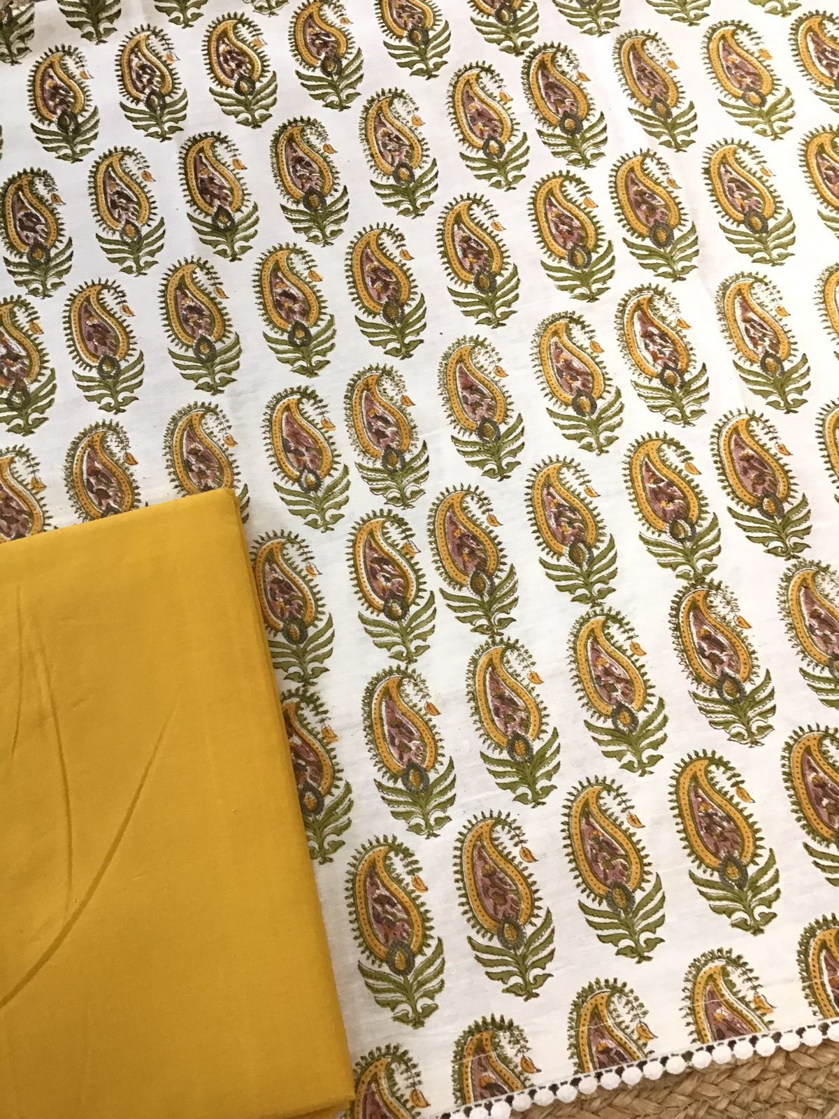 Pure Fine Cotton Silk Self Weaved Printed Suit - Off White