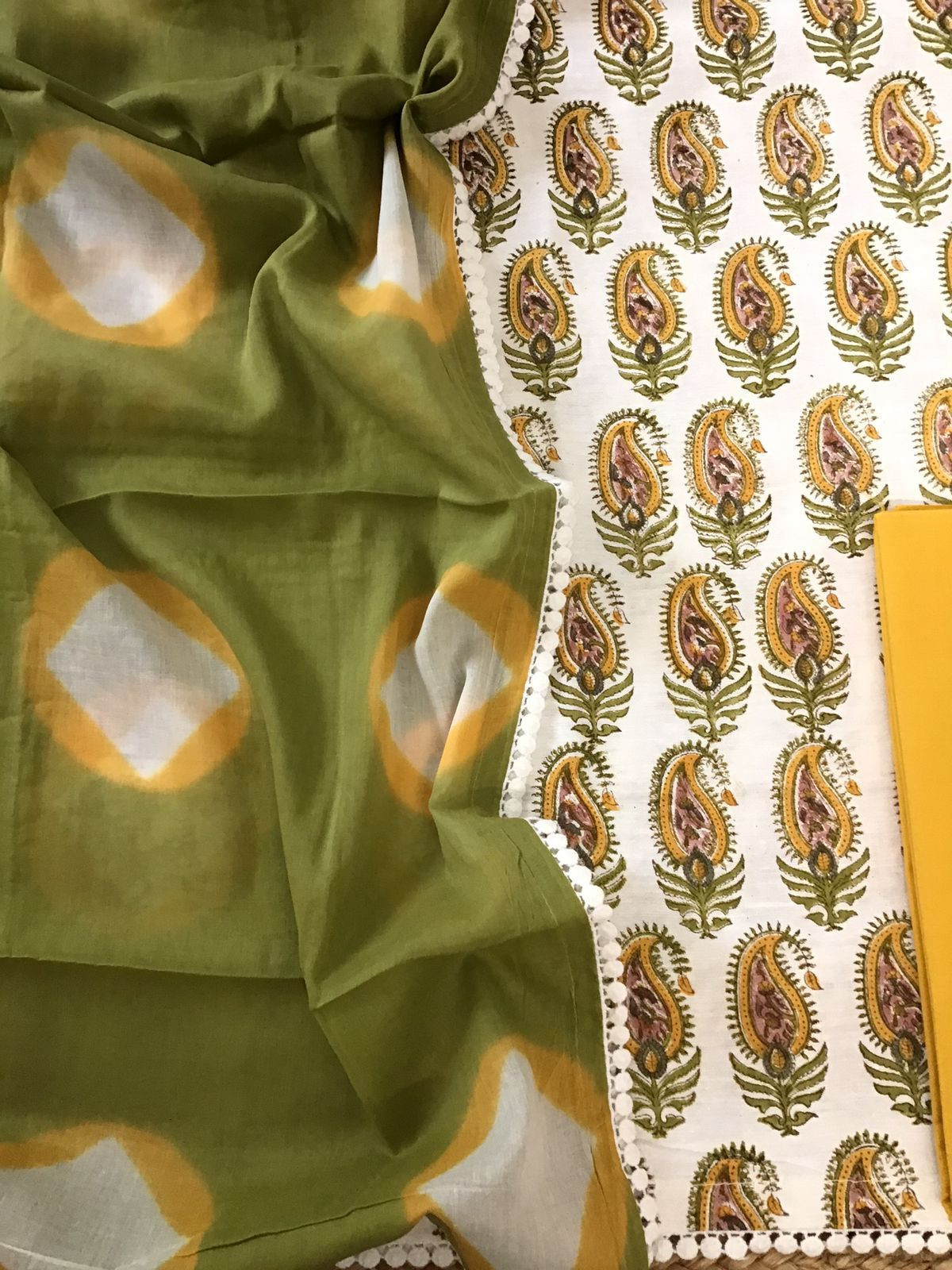 Pure Fine Cotton Silk Self Weaved Printed Suit - Off White