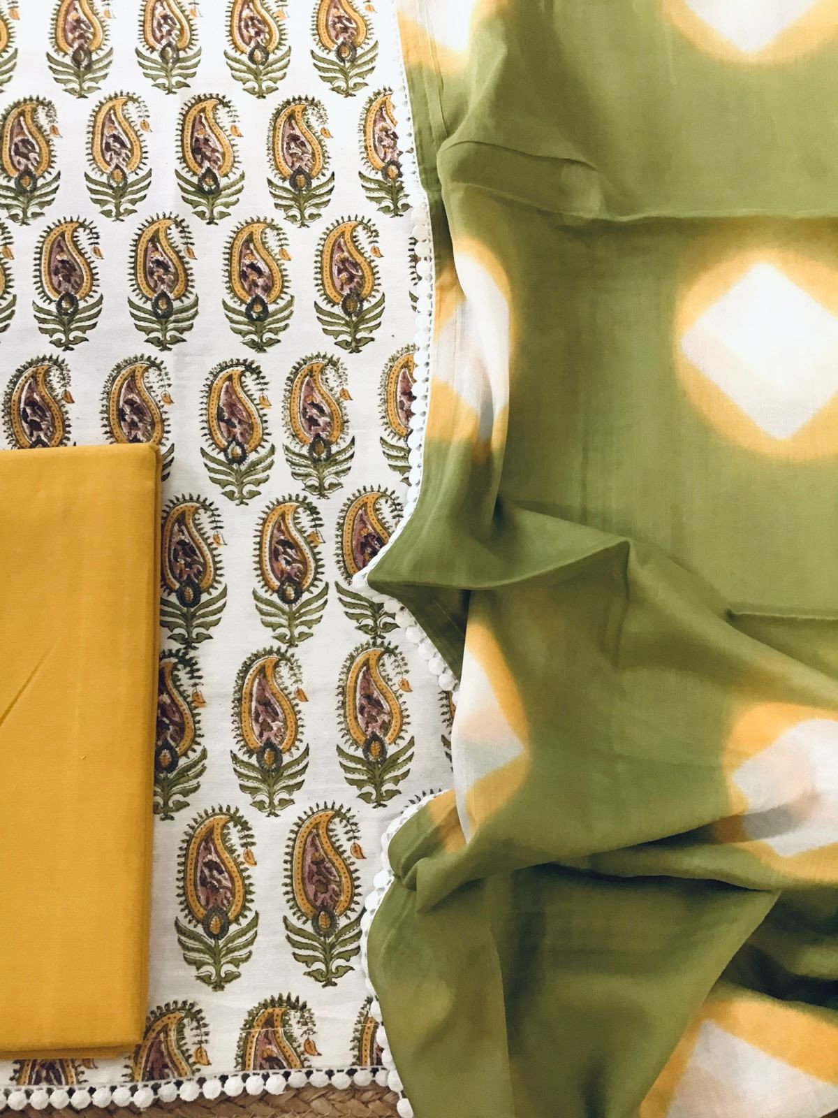 Pure Fine Cotton Silk Self Weaved Printed Suit - Off White