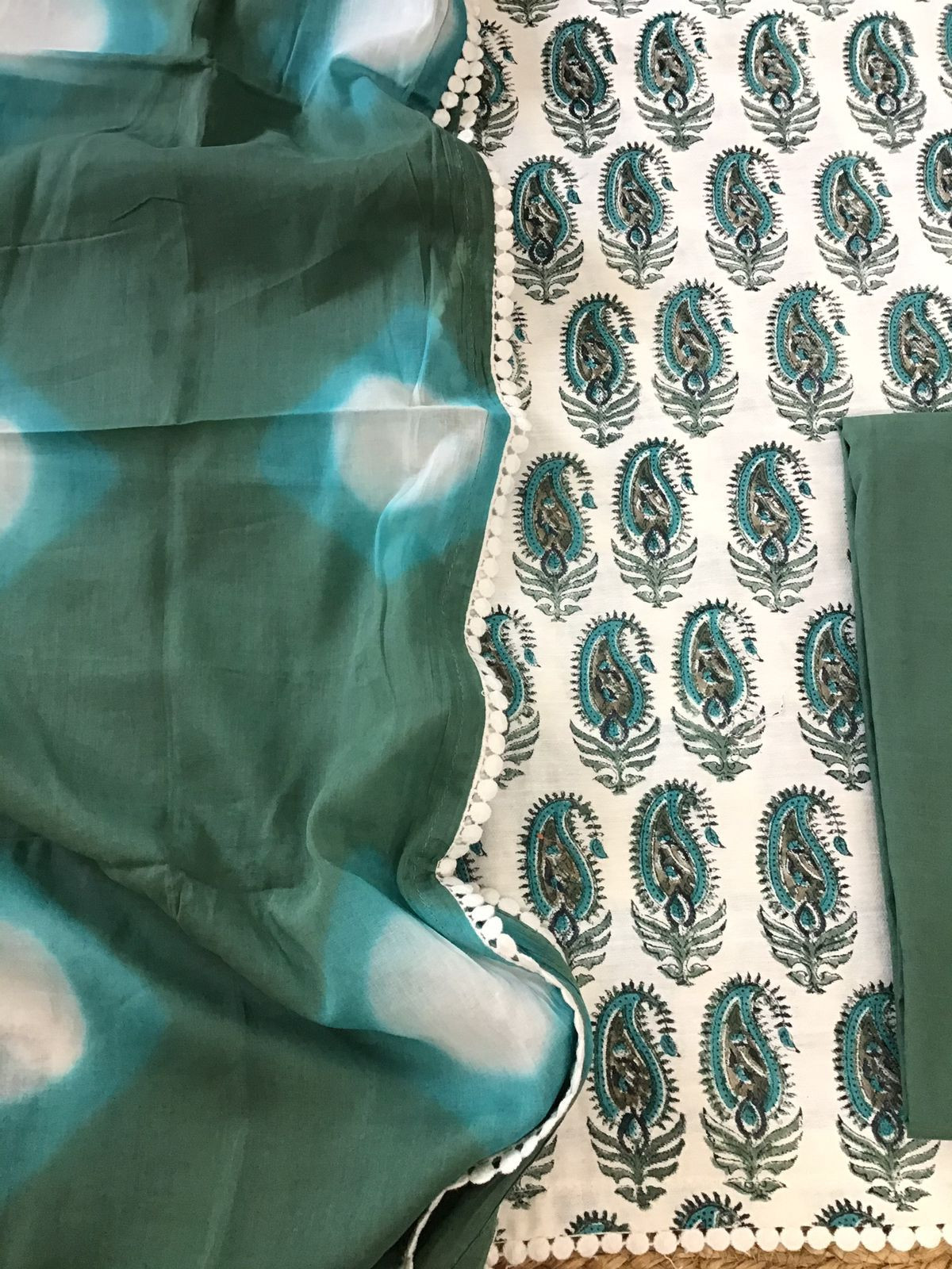 Pure Fine Cotton Silk Self Weaved Printed Suit - Off White