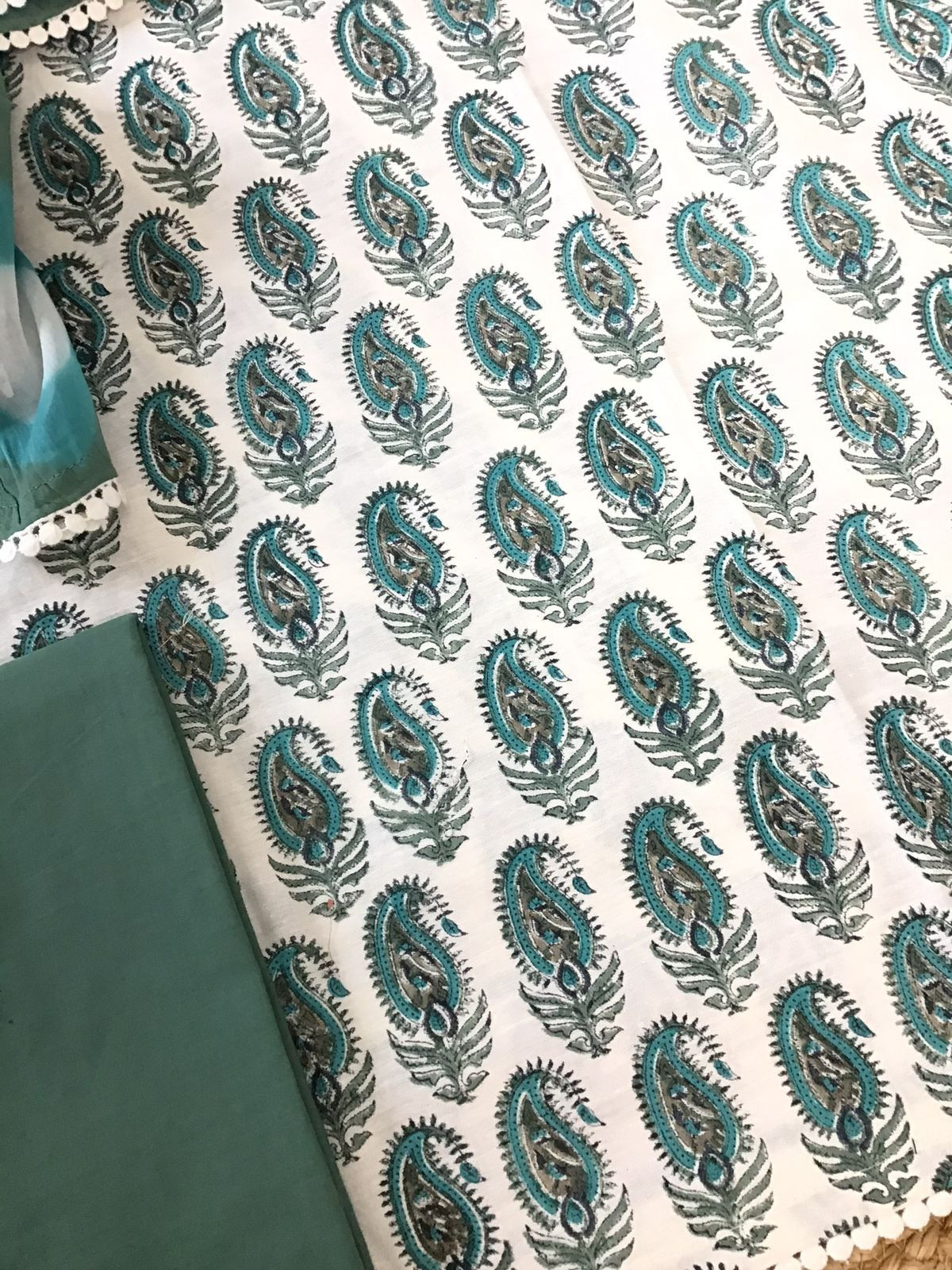 Pure Fine Cotton Silk Self Weaved Printed Suit - Off White