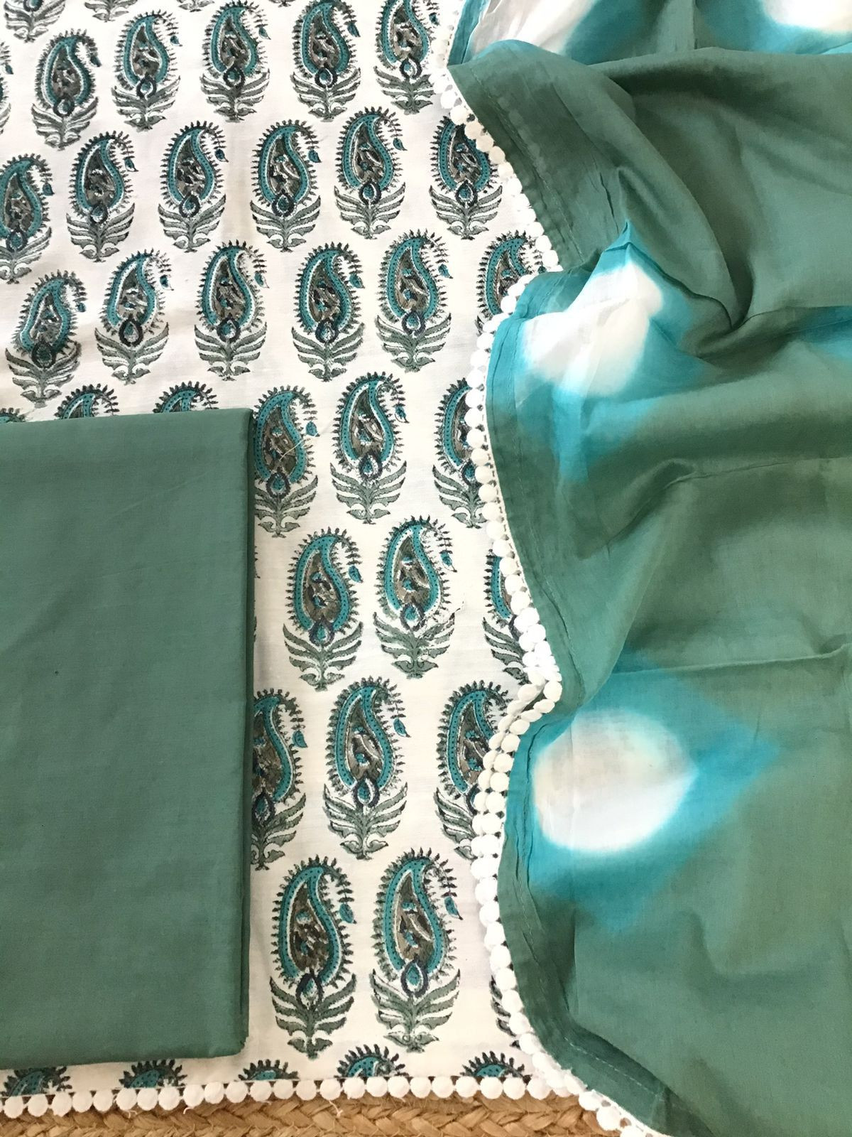 Pure Fine Cotton Silk Self Weaved Printed Suit - Off White