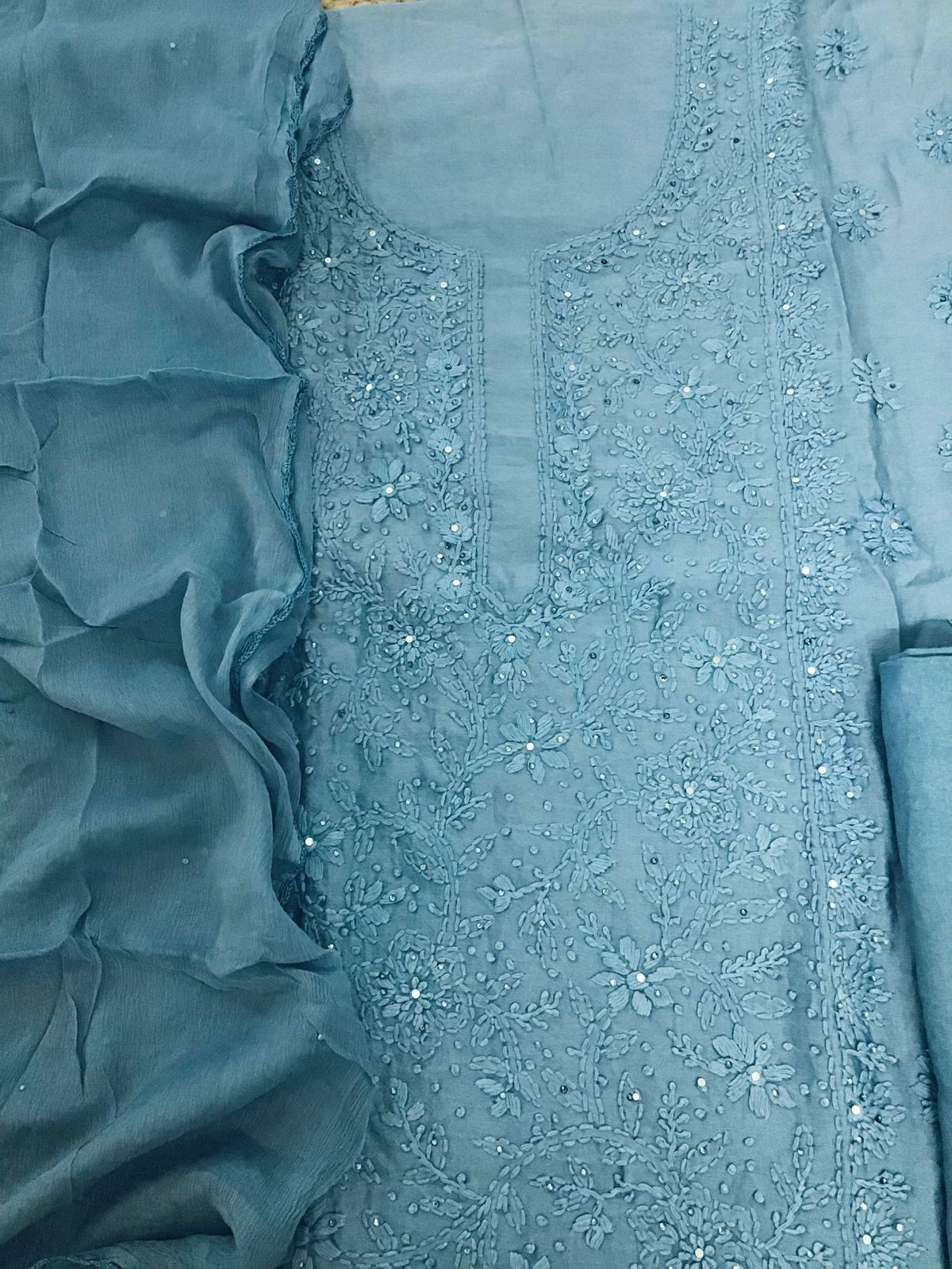 Pure Chanderi Embroidered Suit - Greyish Blue