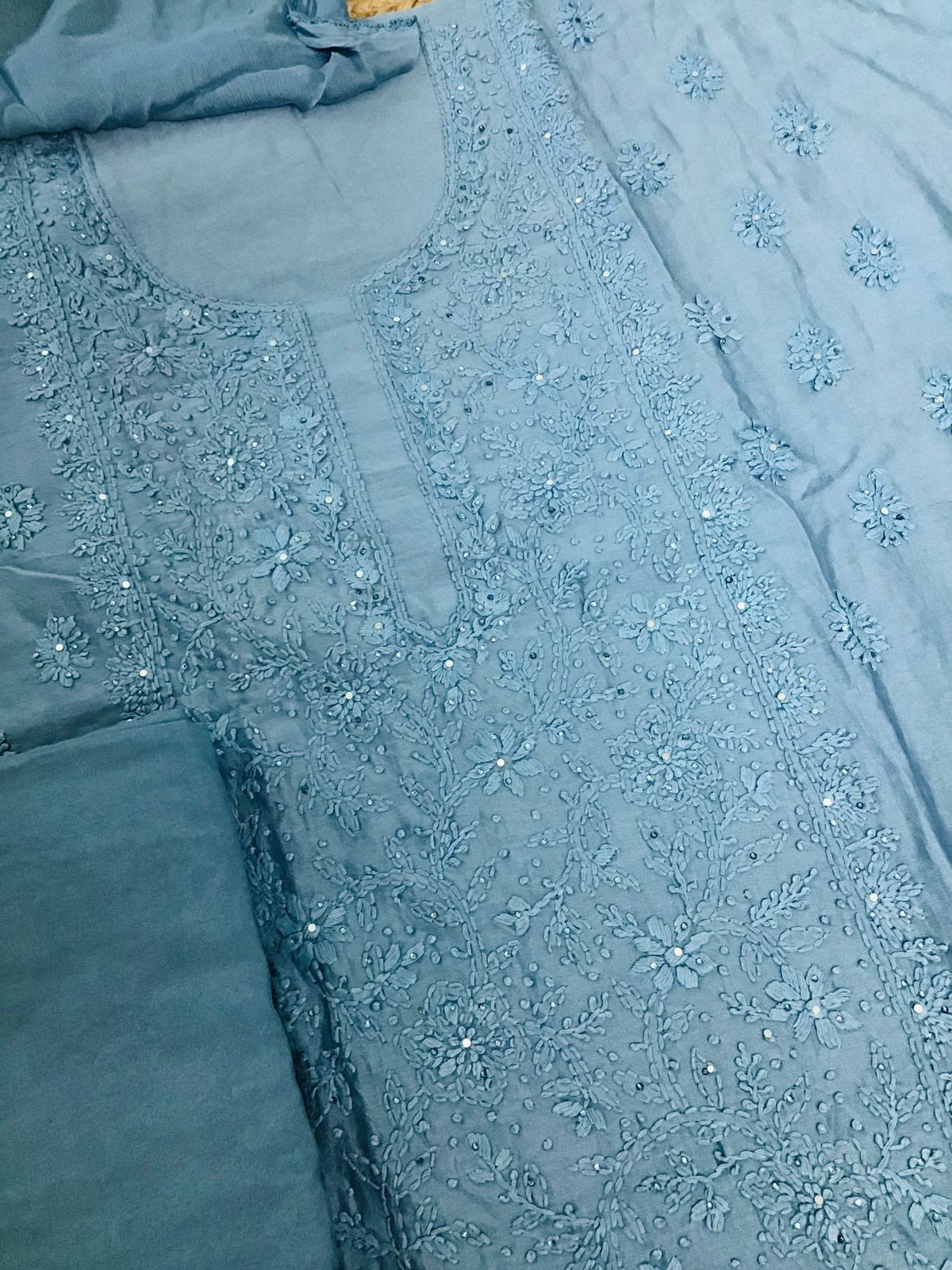 Pure Chanderi Embroidered Suit - Greyish Blue