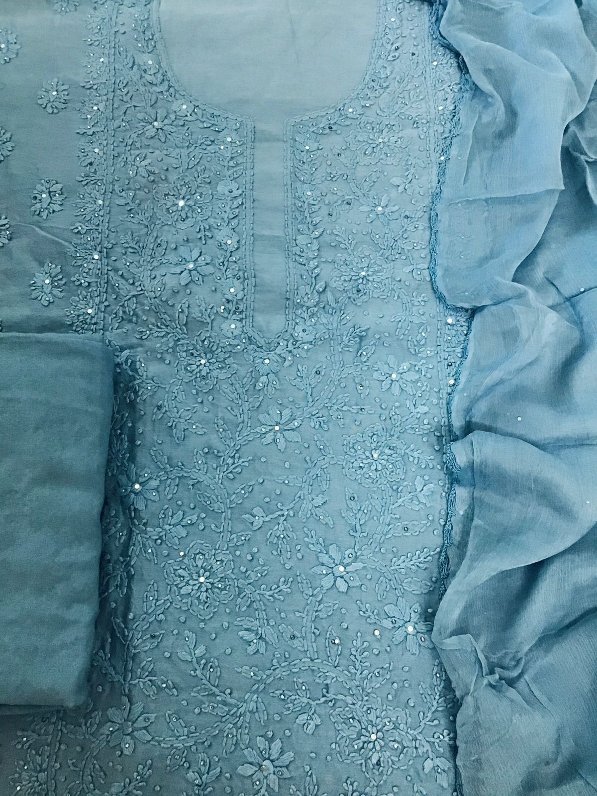 Pure Chanderi Embroidered Suit - Greyish Blue