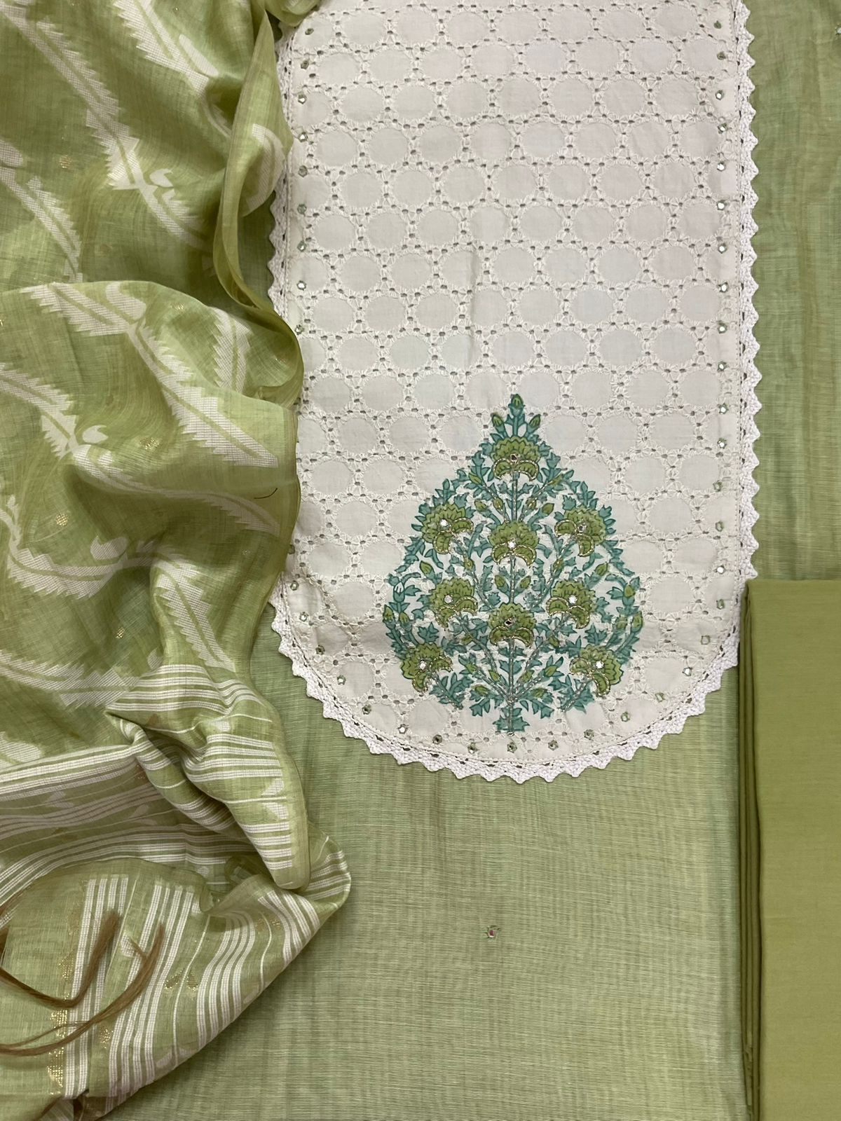 Soft Slub Chanderi Jamdani Weaved Embroidered Suit - Green