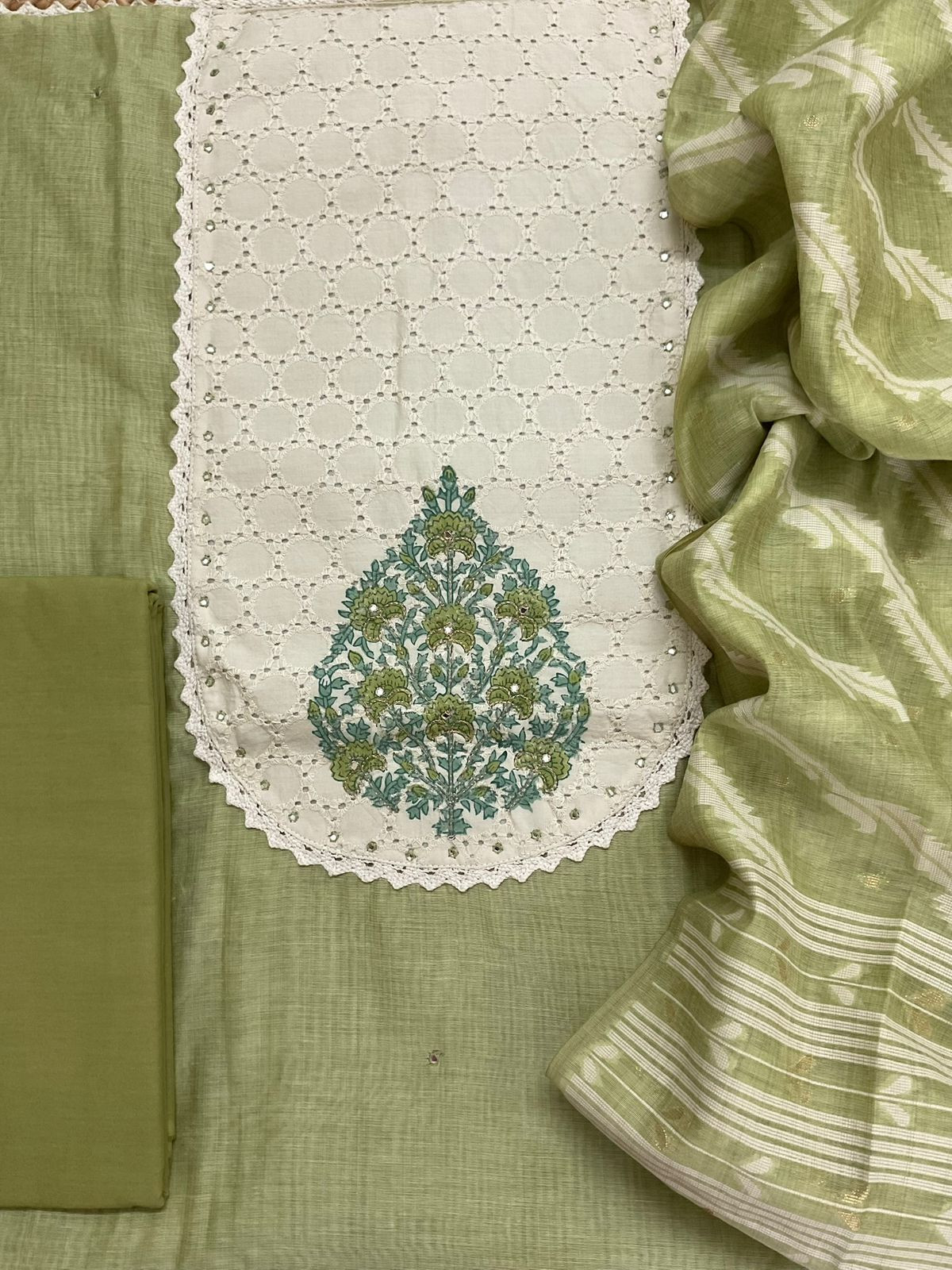 Soft Slub Chanderi Jamdani Weaved Embroidered Suit - Green