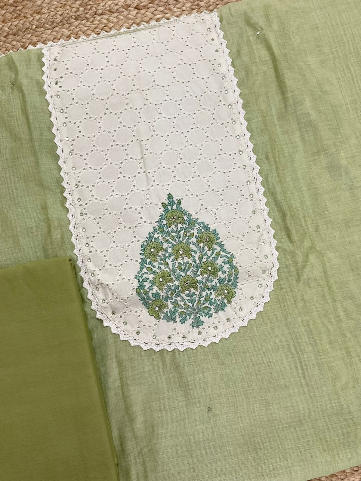 Soft Slub Chanderi Jamdani Weaved Embroidered Suit - Green