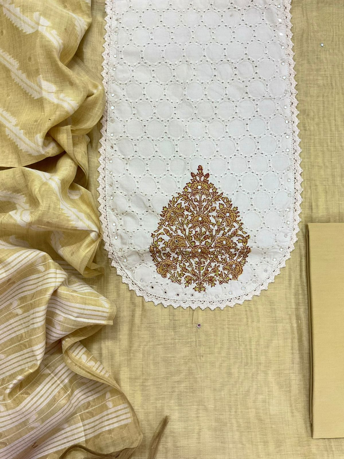 Soft Slub Chanderi Jamdani Weaved Embroidered Suit - Yellow