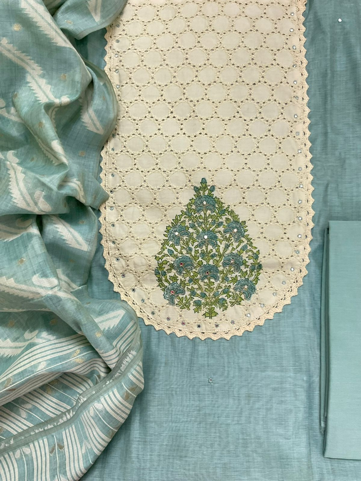 Soft Slub Chanderi Jamdani Weaved Embroidered Suit - Blue