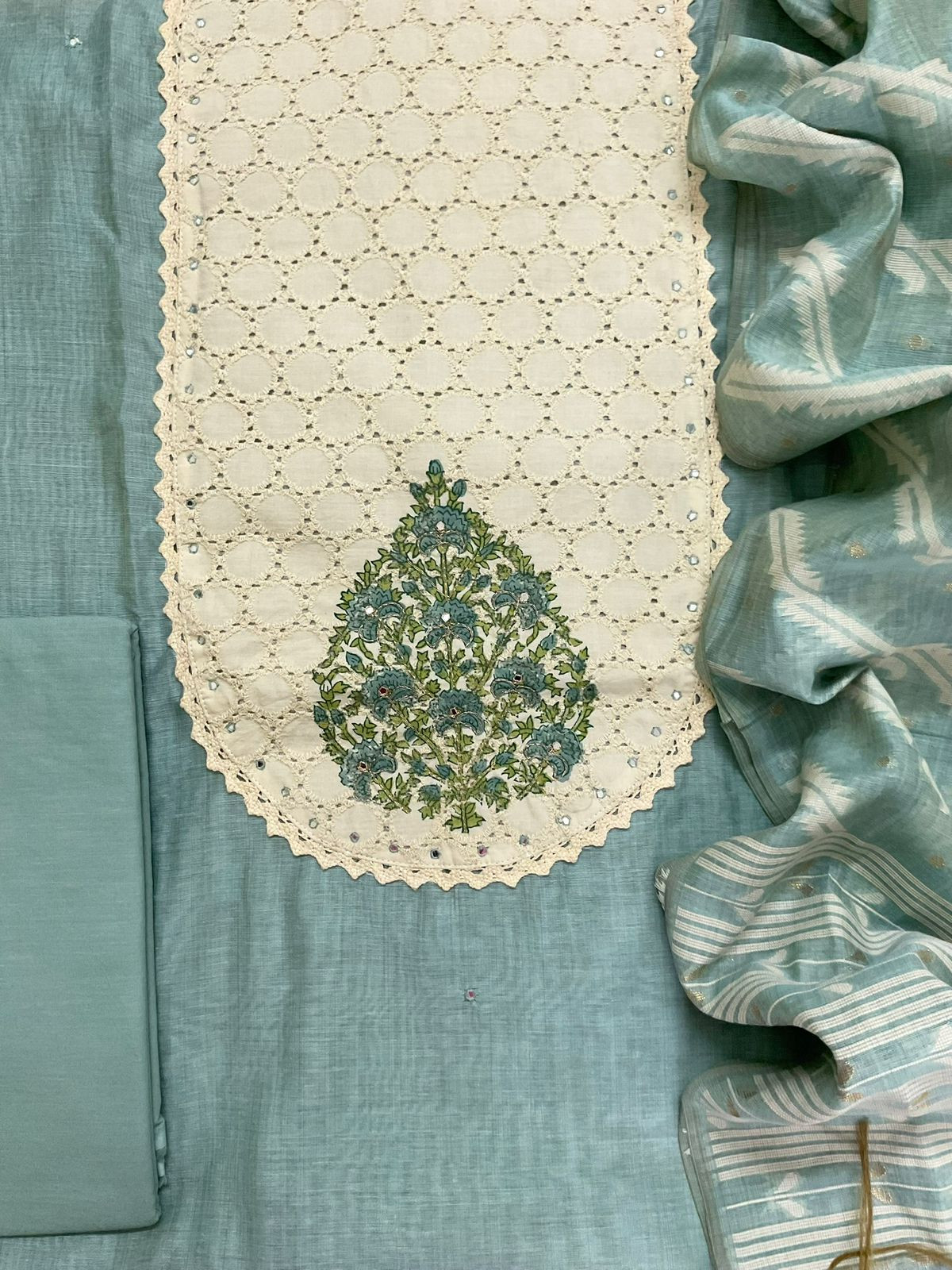 Soft Slub Chanderi Jamdani Weaved Embroidered Suit - Blue