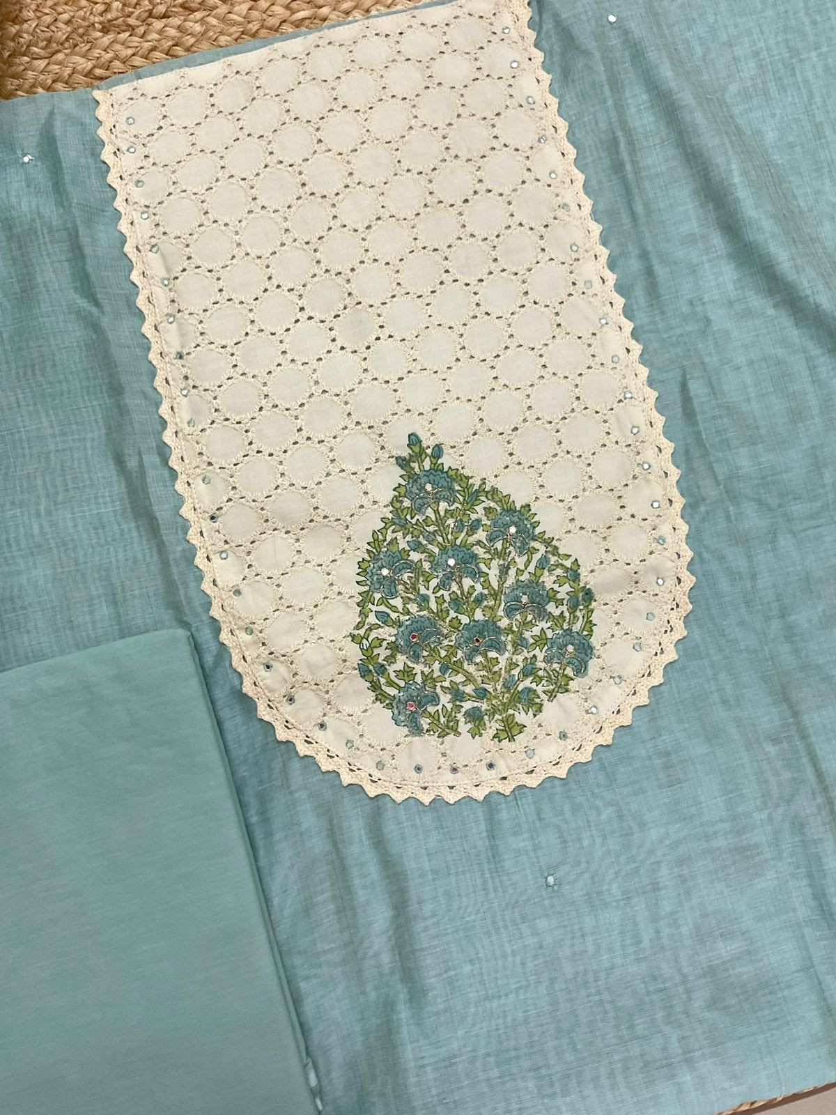 Soft Slub Chanderi Jamdani Weaved Embroidered Suit - Blue