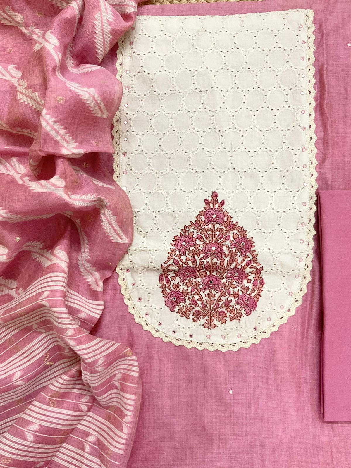 Soft Slub Chanderi Jamdani Weaved Embroidered Suit - Pink