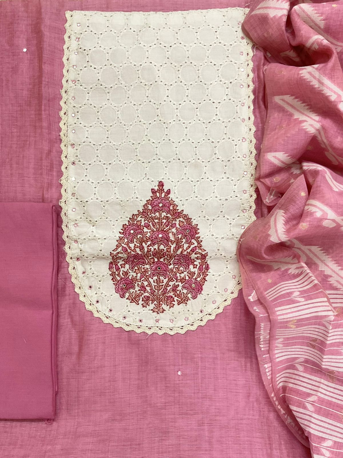 Soft Slub Chanderi Jamdani Weaved Embroidered Suit - Pink