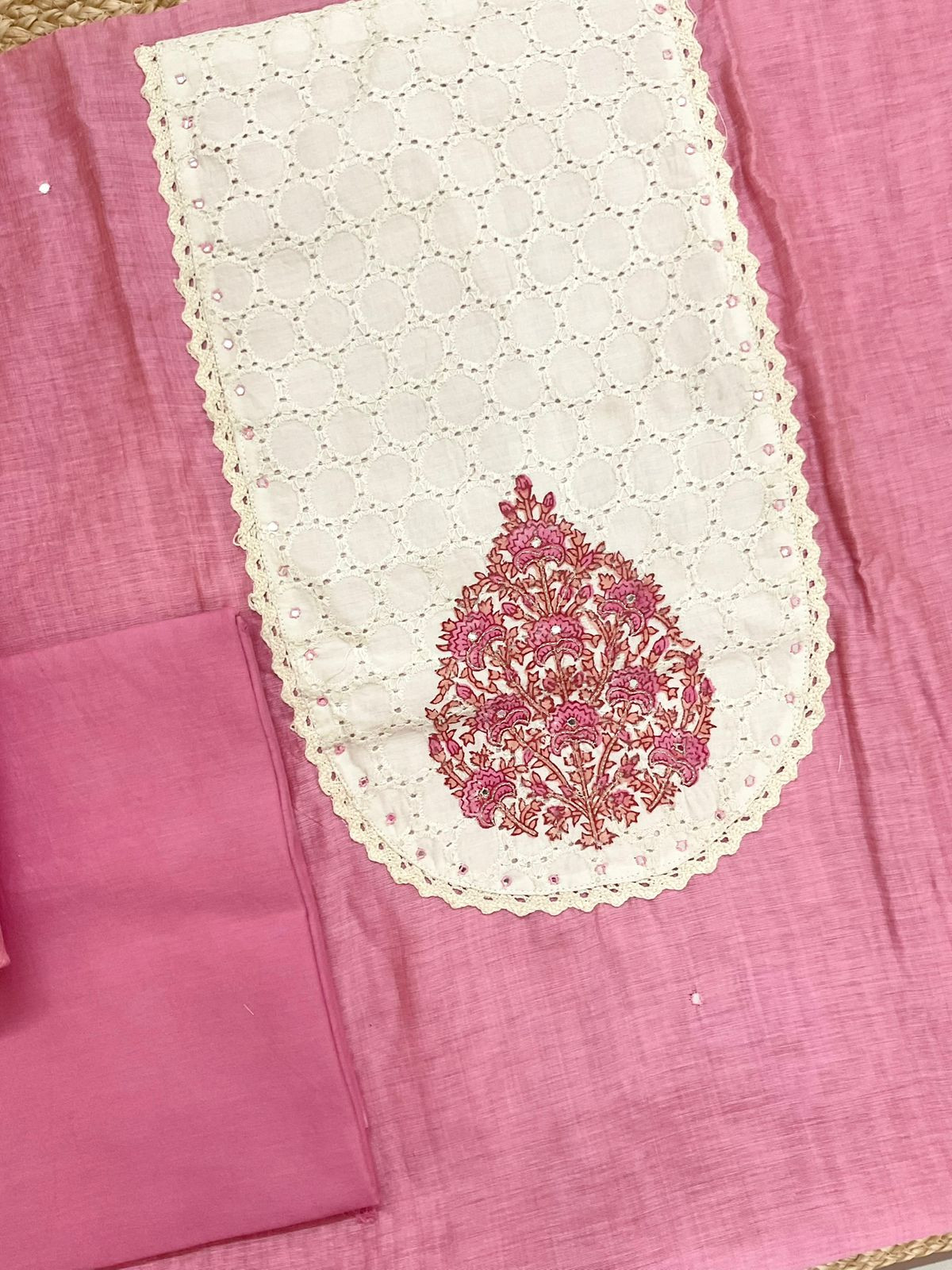 Soft Slub Chanderi Jamdani Weaved Embroidered Suit - Pink