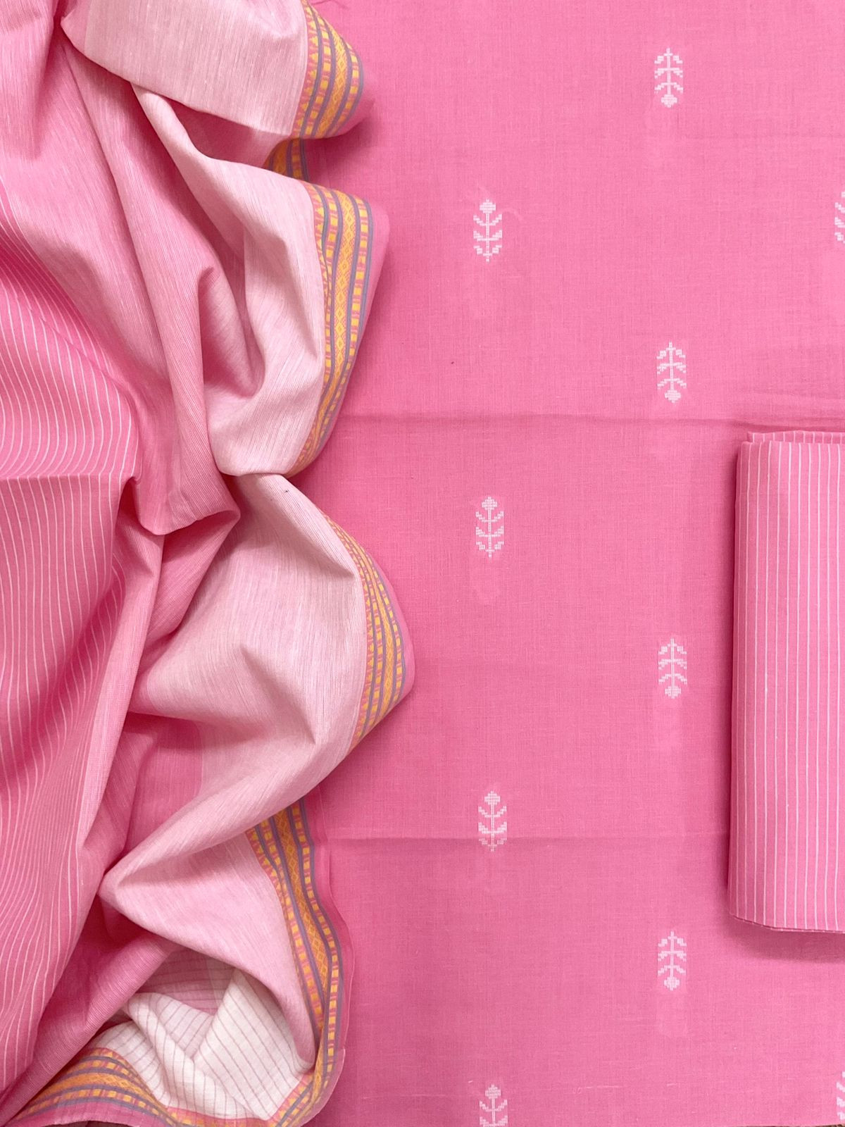 Pure Handloom Cotton Self Weaved Suit - Pink
