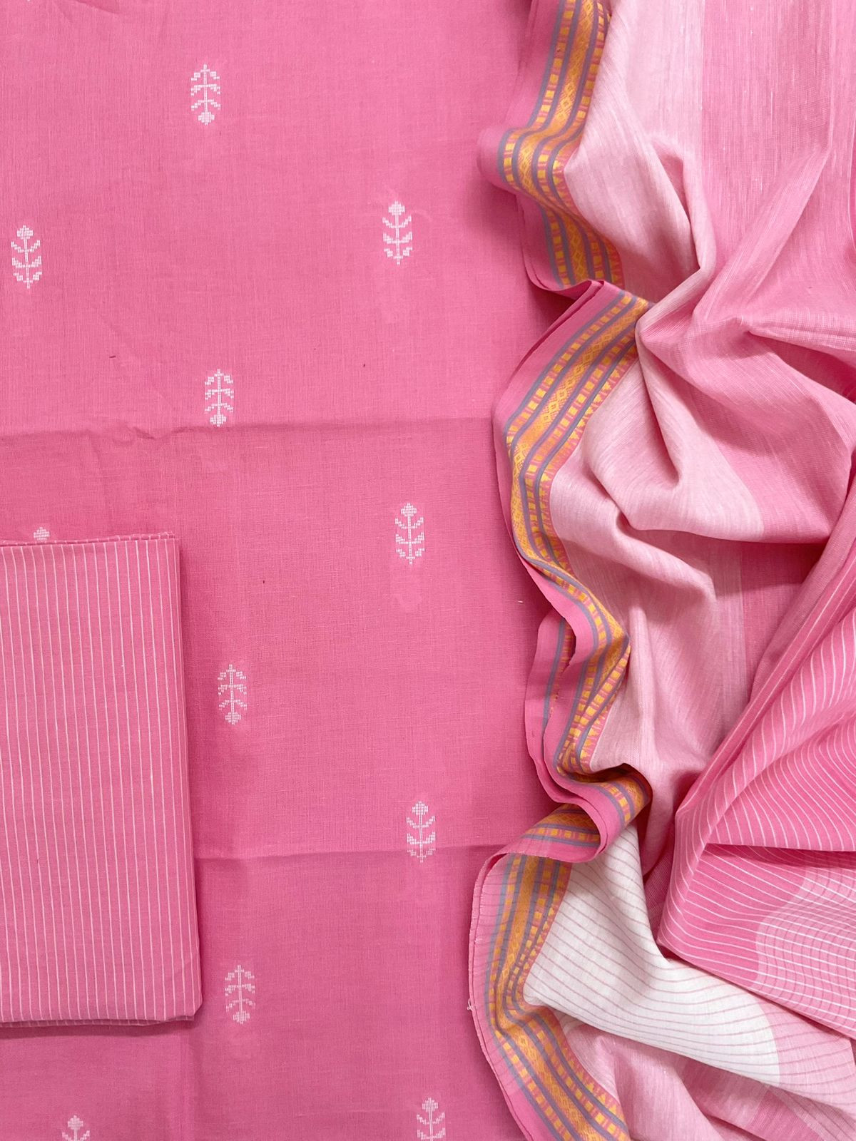 Pure Handloom Cotton Self Weaved Suit - Pink