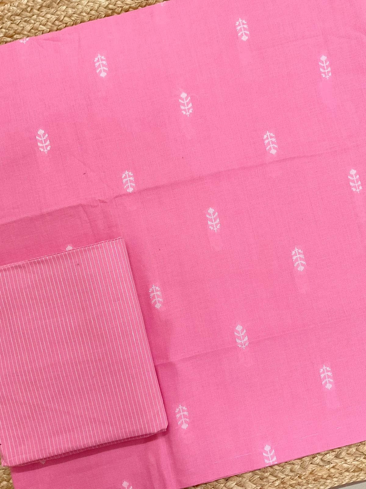 Pure Handloom Cotton Self Weaved Suit - Pink