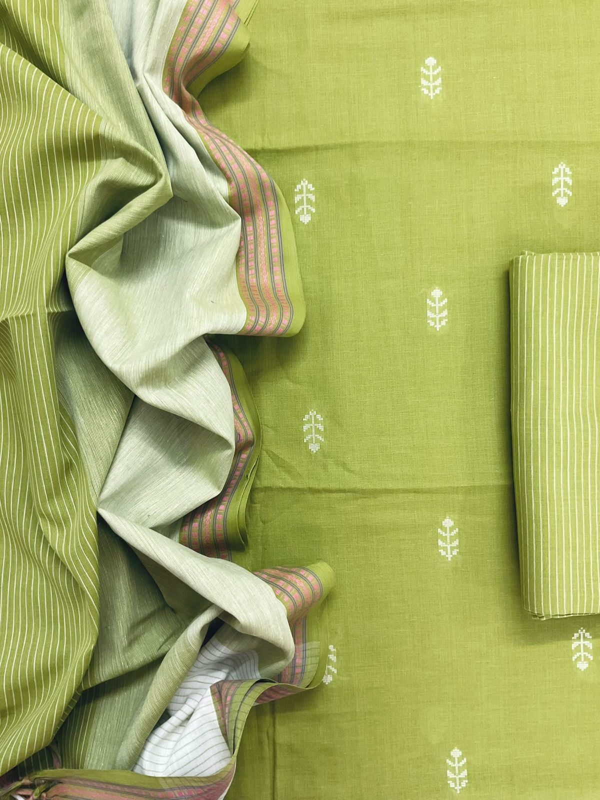 Pure Handloom Cotton Self Weaved Suit - Green