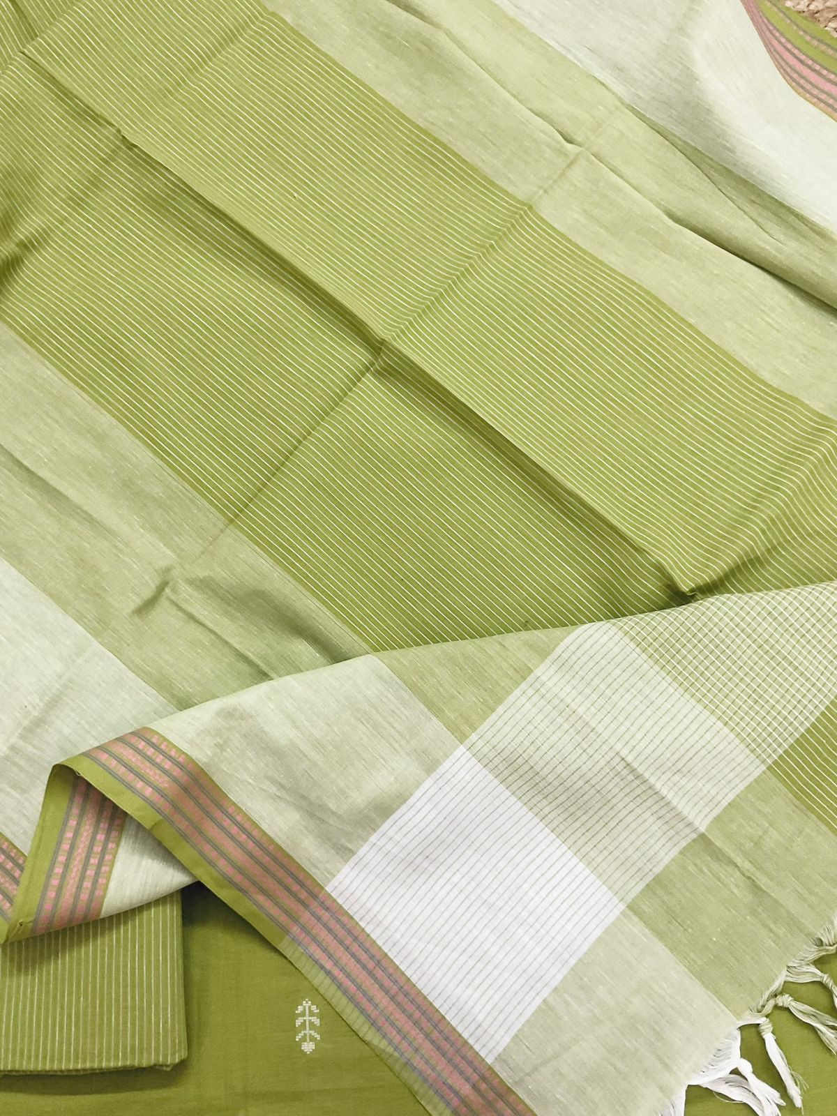 Pure Handloom Cotton Self Weaved Suit - Green