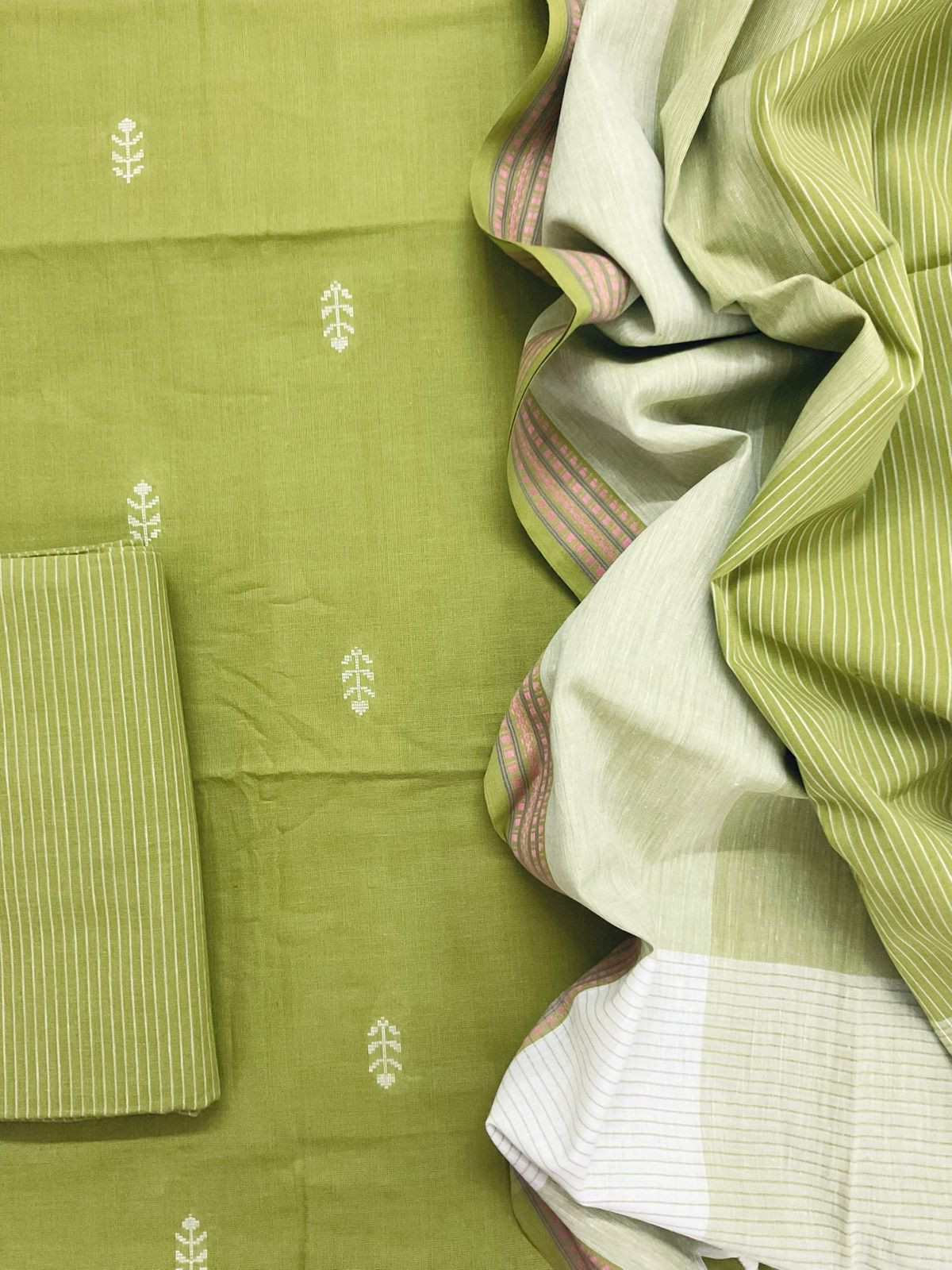 Pure Handloom Cotton Self Weaved Suit - Green