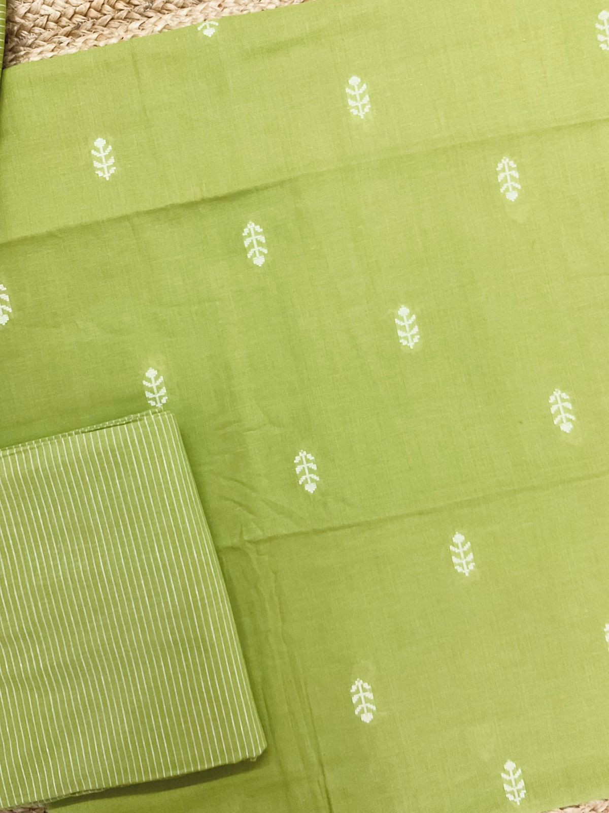 Pure Handloom Cotton Self Weaved Suit - Green