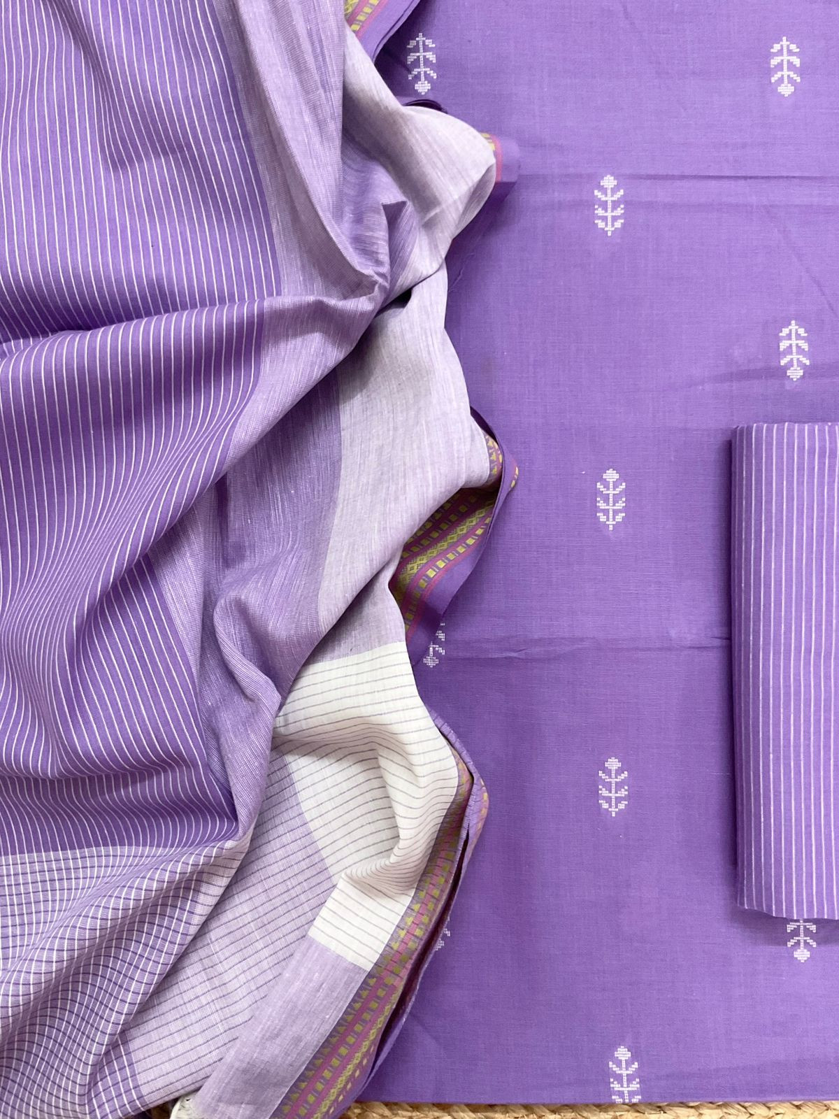 Pure Handloom Cotton Self Weaved Suit - Purple