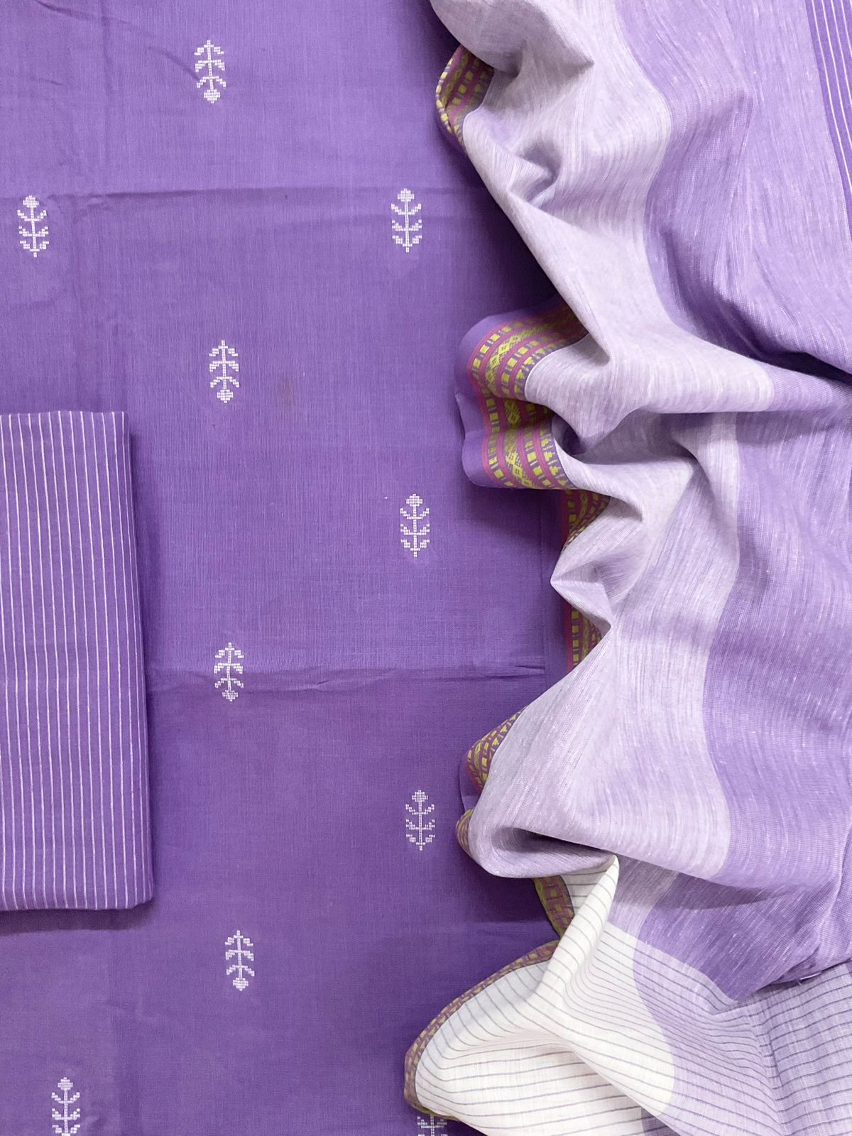 Pure Handloom Cotton Self Weaved Suit - Purple