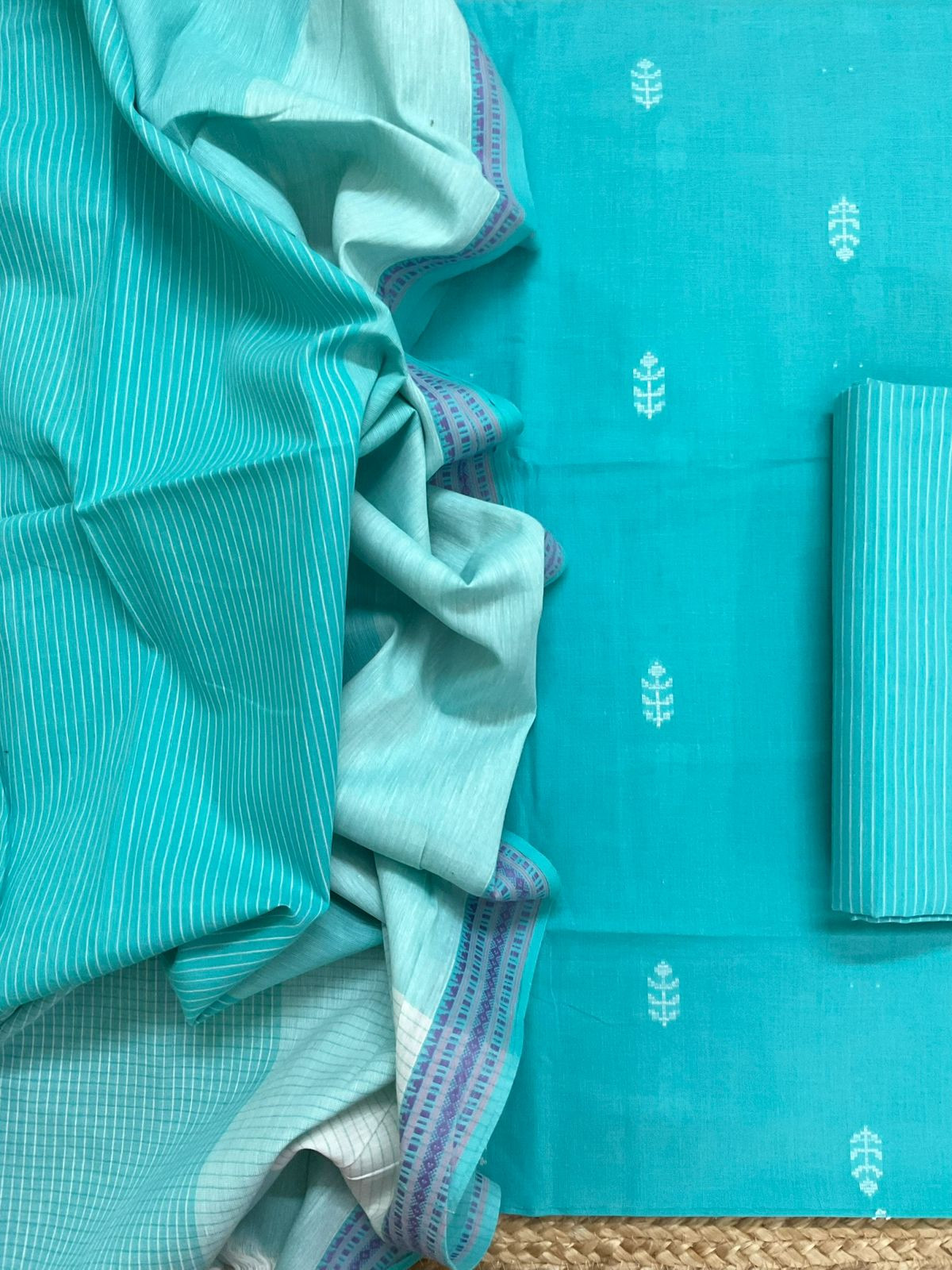 Pure Handloom Cotton Self Weaved Suit - Blue