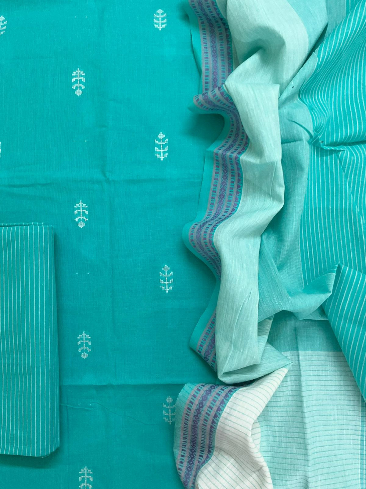 Pure Handloom Cotton Self Weaved Suit - Blue