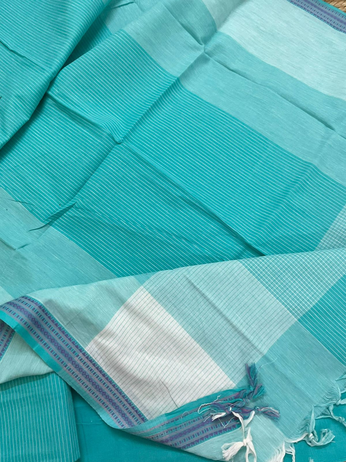 Pure Handloom Cotton Self Weaved Suit - Blue