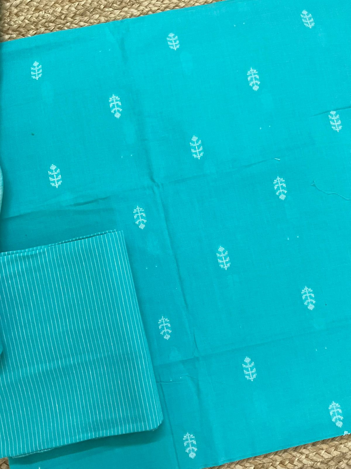 Pure Handloom Cotton Self Weaved Suit - Blue