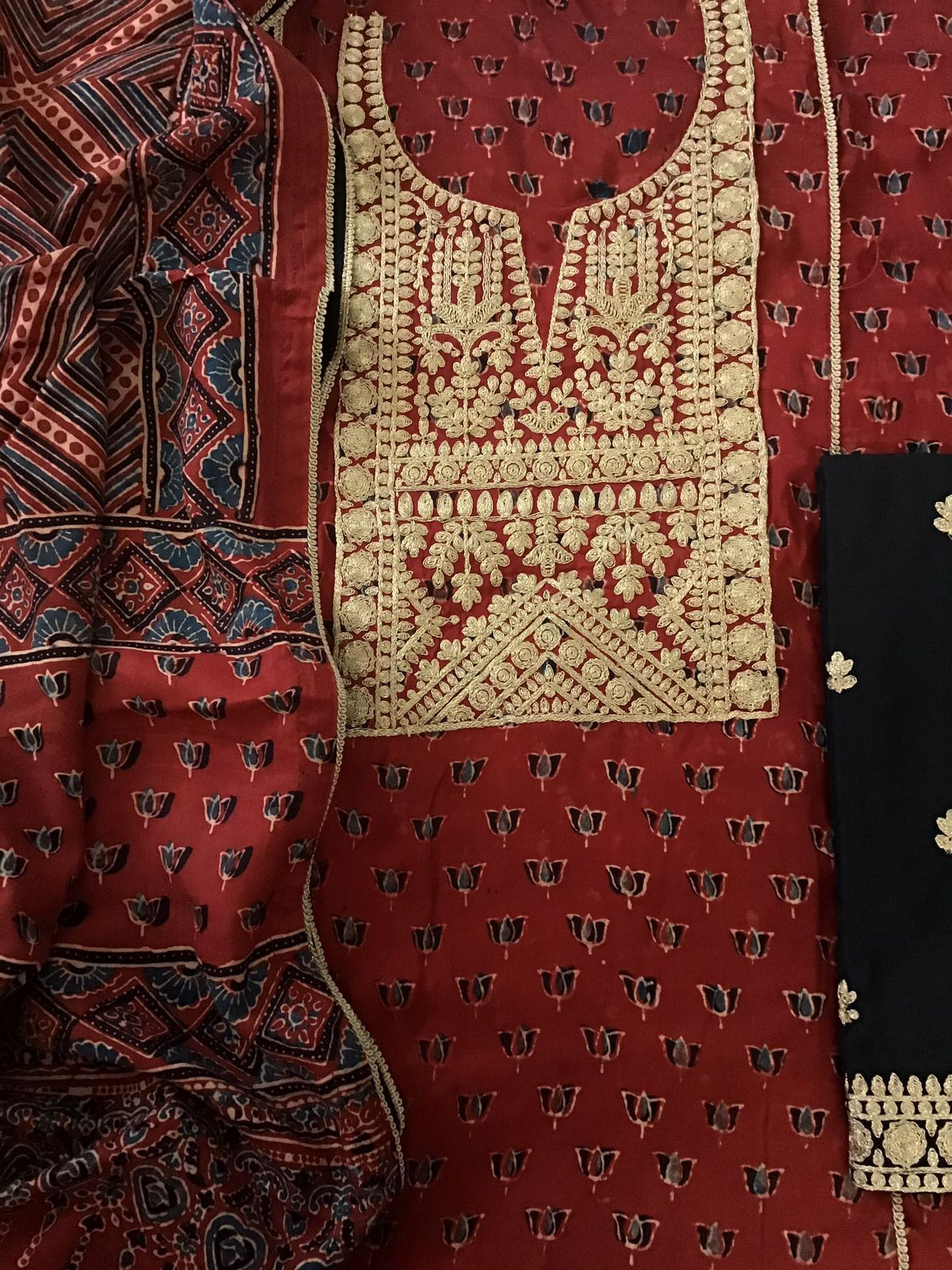 Pure Modal Silk Ajrakh Printed Embroidered Suit - Maroon